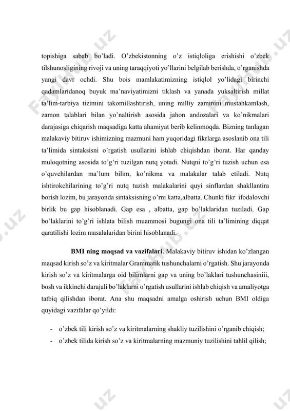 o’zbekiston davlatini birgalikda barpo etamiz. toshkent. o’zbekiston, nmiu,2016] bmi ning maqsad va vazifalari. malakaviy bitiruv ishidan ko’zlangan maqsad kirish so’z va kiritmalar grammatik tushunchalarni o’rgatish. shu jarayonda kirish so’z va kiritmalarga oid bilimlarni gap va uning bo’laklari tushunchasiniii, bosh va ikkinchi darajali bo’laklarni o’rgatish usullarini ishlab chiqish va amaliyotga tatbiq qilishdan iborat. ana shu maqsadni amalga oshirish uchun bmi oldiga quyidagi vazifalar qo’yildi: · o’zbek tili kirish so’z va kiritmalarning shakliy tuzilishini o’rganib chiqish; · o’zbek tilida kirish so’z va kiritmalarning mazmuniy tuzilishini tahlil qilish; · o’zbek tilida kirish so’z va kiritmalarning o’rni va o’rganilishini tahlil qilish; · oan tili darslarida kirish so’z va kiritma gap bo’laklari uning turlarini o’rgatish usullarini ishlab chiqish. mavzuning o’rganilishi. kirish so’z va kiritmalarning nazariy asoslari g’.a.abdurahmonov, sh.sh.shoabdurahmonov, a.a.xojiyevlar tomonidan ishlab chiqilgan . keyinchalik bu tadqiqotlar n.mahmudov, a.nurmonovlar tomonidan davom ettirildi. kirish so’z va kiritmalarni nazariy planda batafsil o’rgangan olimlardan yana biri b.o’rinboyevdir. shuningdek, m.omilxonovaning …