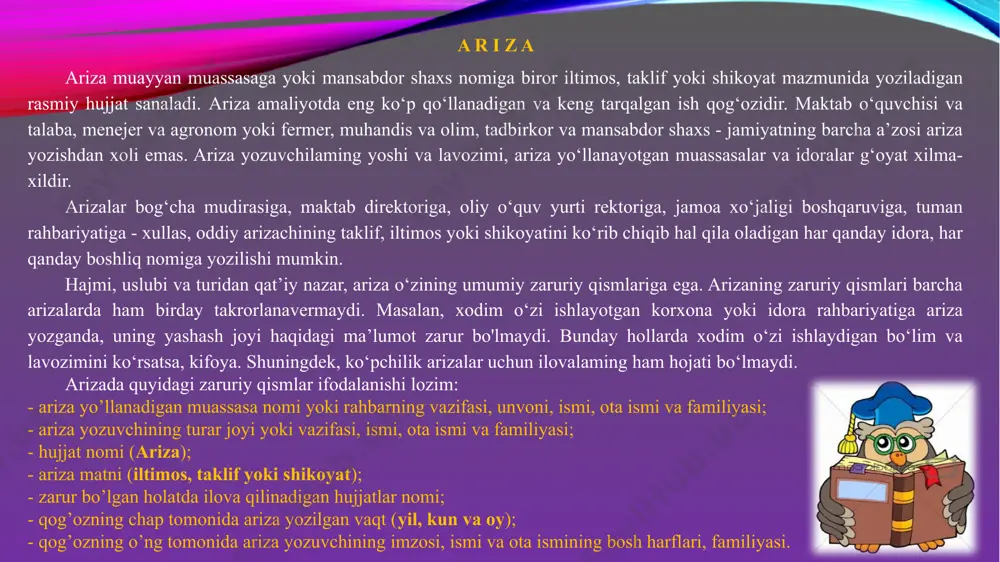 rish va moliyaviy faoliyat, xodim (shtat)lar soni, topshiriqlaming bajarilishi, moddiy-tovar boyliklarining saqlanishi, mehnat intizomining ahvoli haqida va boshqa xilma-xil masalalar to‘g‘risida hozirlanadi. bunday ma’lumotlarga matn mazmunini ochuvchi sarlavha qo‘yilishi lozim. masalan: ≪kontrakt to‘lov asosida tahsil olayotgan talabalar soni haqida≫ kabi. sarlavhadan so‘ng (ba’zan uning tarkibida) xabarga oid sana ko‘rsatiladi. masalan: ≪2009- yil 1-oktabrdagi holatga ko‘ra≫ kabi. bildirishnoma biror voqea-hodisa xizmat faoliyatiga tegishli masalalar ifodasi muayyan idora rahbariga axborot berish maqsadida taqdim qilinadigan hujjat b i l d i r i s h n o m a muayyan muassasa (tarkibiy qism) rahbariga xizmat faoliyati bilan aloqador muhim masalalar yuzasidan yoki yuqori, mansabdor shaxsga biron-bir voqеa va hodisa haqida xabardor qilish zarurati tug’ilganda taqdim etiladigan mufassal yozma axborot bildirishnoma deyiladi. unda, odatda, bayon qilinayotgan masalalar bo’yicha tuzuvchi(yozuvchi)ning takliflari aks etadi. kimga yo’llanganiga qarab bildirishnoma ichki va tashqi turlarga ajraladi. i c h k i b i l d i r i s …