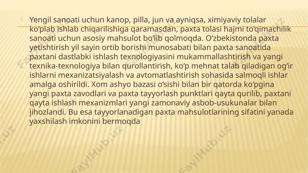 etilmaydi. paxtani maydonchalarda g‘aramlash faqat havo quruq paytida olib boriladi, yomg‘ir yoqqanda g‘aramlash taqiqlanadi. g‘aramga to‘kilgan paxta maydonning hamma joyiga bir tekis va bir xil qalinlikda joylashtirilishi lozim. g‘aramlangan paxtaning balandligi (uning cho‘kishigacha) sanoat navi va namligiga qarab quyidagi jadvalda ko‘rsatilgandagidek bo‘lishi kerak. namligi 20% dan ortiq paxta qts (quritish-tozalash sexi)yonida joylanadi, chunki bunday paxtalar ushlab turilmasdan zudlik bilan quritilishi va qayta ishlanishi lozim. namligi 14% gacha bo‘lgan paxtani ts (tozalash sexi) mintaqasida, 14% dan ortiq bo‘lganini esa qts mintaqasida joylash kerak. paxta g‘aramining shakllanishi va cho‘kishidan so‘ng, uning yon hamda burchak tomonlari terib tekislanadi. paxtani g‘aramlash vaqtida uning g‘aram maydonchasining yuzasida bir tekisda joylanishiga va zich shibbalanishiga e’tibor berish kerak. g‘aramning zichlanadigan chekkalari doimo g‘aramning o‘rta sathidan pastroq bo‘lishi lozim. quyidagi hollarda g‘aramlar mustahkamligi etarli darajada bo‘lmaydi va ular qulaydi: paxtaning pastki va keyingi qatlamlari yetarli darajada shibbalanmasa; g‘aram burchaklari noto‘g‘ri joylansa va yetarli darajada shibbalanmasa; g‘aramning butun yuzasi …