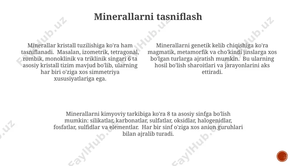 kuchli magnit xususiyatlariga ega va bu xususiyat ularni sanoatda keng qo'llanilishini ta'minlaydi. karbonat minerallar karbonat minerallarning asosiy vakillari kaltsiy karbonat (caco₃) boʻlib, ularning qattiqligi mohs shkalasi boʻyicha 3 ga teng va turli xil jinslar tarkibida, jumladan, ohaktosh va marmarda uchraydi. dolomit (camg(co₃)₂) – kaltsiy va magniy karbonatlarining ikkilamchi minerali boʻlib, ohaktoshlarga oʻxshash, lekin yuqori magniy miqdori bilan ajralib turadi va baʼzi hollarda 18% gacha magniyni oʻz ichiga olishi mumkin. magnezit (mgco₃) va siderit (feco₃) kabi karbonat minerallarning kimyoviy tarkibi kaltsiy karbonatdan farq qiladi, bu ularning fizik xususiyatlariga, shu jumladan zichlik va rangiga taʼsir qiladi. e'tiboringiz uchun rahmat @taqdimot_robot image1.png image2.png image3.png image4.png image5.png image6.png
