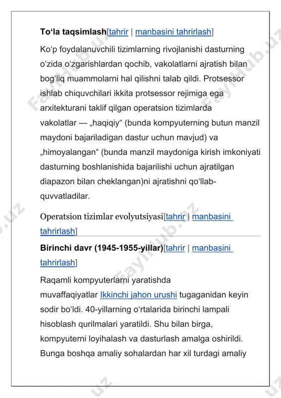 t bajariladigan hisoblash jarayonini tashkil qilish usulidir. bitta dastur kiritish-chiqarish operatsiyasini bajarayotganda, protsessor dasturning ketma-ket bajarilishida boʻlgani kabi (bitta dasturli rejim) boʻsh turmaydi, balki boshqa dastur (koʻp dasturli rejim)ni bajaradi. bunday holda, har bir dastur boʻlim deb ataladigan oʻz operativ xotirasiga yuklanadi. yana bir yangilik paydo boʻldi — spuling (spooling). oʻsha paytda spuling hisoblash jarayonini tashkil qilish usuli sifatida aniqlangan, unga muvofiq vazifalar perfokartalardan diskka hisoblash markazida paydo boʻlgan tezlikda oʻqiladi va keyingi vazifa tugagach, diskdan yangi vazifa boʻshatilgan boʻlimga yuklandi. partiyali ishlov berish tizimlarini multidasturlash orqali amalga oshirish bilan bir qatorda yangi turdagi operatsion tizim — vaqtni taqsimlash tizimlari paydo boʻldi. toʻrtinchi davr (1980-yildan buyon)[tahrir | manbasini tahrirlash] operatsion tizimlar evolyutsiyasining toʻrtinchi davri yirik integral mikrosxemalarning (yim) paydo boʻlishi bilan bogʻliq. bu yillarda integratsiya darajasining keskin oʻsishi va mikrosxemalarning narxining pasayishi kuzatildi. kompyuter hamma uchun mavjud boʻldi va shaxsiy kompyuterlar davri boshlandi. arxitektura nuqtayi nazaridan shaxsiy kompyuterlar pdp-11 kabi …