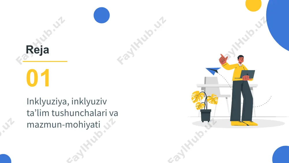 ning darajalari reja inklyuziv ta’lim tamoyillari 02 inklyuziv ta’limni targ‘ib qilish uchun biz birinchi navbatda inklyuziv ta’limning tamoyillarini bilishimiz kerak. “ jamiyatning qadriyatlari barcha uchun teng ekanligini tan olish tegishli hududda yashovchi barcha bolalarning ta’lim ehtiyojlarini to‘liq qondira oladigan tarzda maktablarning ish uslubiyatini qayta qurish uyg‘unlashish tenglik zamonaviy maktab e’tiborni faqatgina alohida ta’lim ehtiyojlari bo‘lgan bolalarga emas, balki barcha o‘quvchilarning ta’limiga va maktab hayotida to‘liq ishtirok etishi uchun to‘siqlarni bartaraf etish e’tibor inklyuziv ta’lim tamoyillari ta’lim muassasalarining madaniy hayotida barcha o‘quvchilarning shu jumladan, alohida ta’lim ehtiyojlari bo‘lgan bolalarning ishtirok etishini ta’minlash to‘siqlarsiz barcha uchun erishimli shart-sharoitlarni tahlil qilish va tahlillar asosida maktabning yangi obrazini yaratish umumta’lim maktablarida ham o‘quvchilar, ham o‘qituvchilar uchun sog‘lom muhitni shakllantirish o‘quvchilarning yashash joyi bo‘yicha joylashgan ta’lim muassasalarida ta’lim olish huquqini tan olish huquq erishimli muhit ta’lim tashkilotlari va mahalliy hamjamiyatlar o‘rtasida yordam va hamkorlik aloqalarini rivojlantirish hamkorlik inklyuziv ta’lim tamoyillari inklyuziv ta’limning tan olinishi bu …