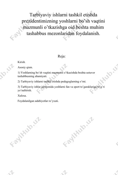 prezident tashabbuslari asosida yoshlar tarbiyasi bo‘yicha beshta ustuvor tashabbus — DOCX