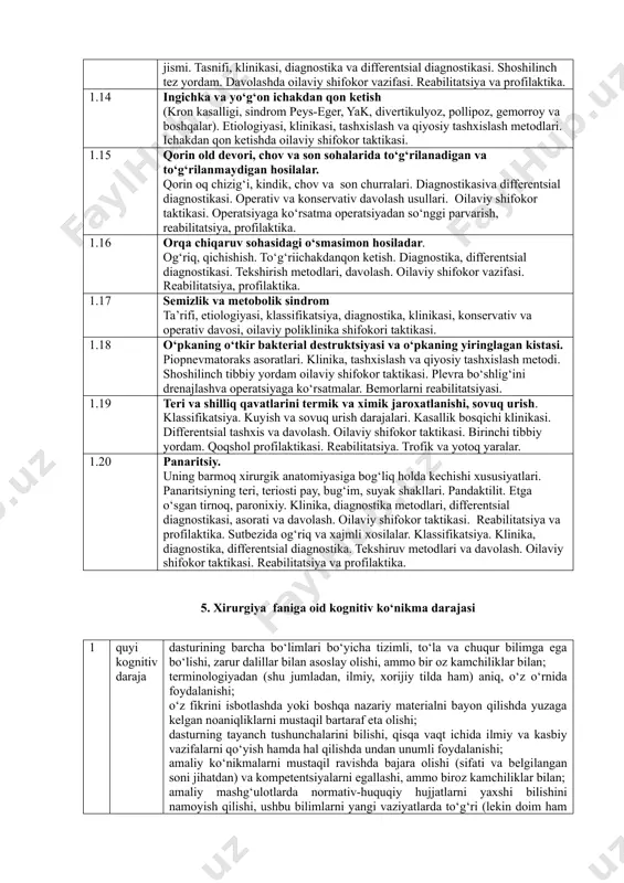 ari va davolash taktikasi. surunkali ichak tutilishi. sabablari: koprostaz, kolostaz. diagnostika va differentsial diagnostikasi. 1.7 qorin old devori xajmli xosilalari. diagnostikasiva differentsial diagnostikasi. operativ va konservativ davolash usullari. oilaviy shifokor taktikasi. operatsiyaga ko‘rsatma operatsiyadan so‘nggi parvarish, reabilitatsiya, profilaktika.. 1.8 maxalliy xirurgik infektsiyalarda (furunkul, karbunkul, gidradenit, teriosti va qadoqli abstsess, flegmona va limfadenit) isitma va boshqa klinik belgilarning o‘ziga xosligi. limfangit va flegmonaning saramas bilan differentsial diagnostikasi.yuzdagi furunkulning xavfi. karbunkul va furunkulezda qandli diabet va boshqa modda almashinuv kasalliklarining ahamiyati.diagnostika metodlari va davolash.oilaviy shifokor taktika. reabilitatsiya va profilaktikasi. 1.9 vena kasalliklarida shish-og‘riq sindromi. oyoq venalarining varikoz kengayishi. pastki kovak vena sindromi, flebotrombozva tromboflebit. posttromboflebitik sindrom. pastki kovak vena va pedjett-shretter sindromi. etiologiya, klinik simptomokompleks, diagnostika va differentsial diagnostikasi, davolash taktikasi. asorati (tela). profilaktika, dispanserizatsiyasi. oilaviy shifokor vazifalari. 1.10 oyoq va qo‘llarda ishemik simptomokompleks. klassifikatsiya. lerish sindrom. o‘tkir arterial tutilish. etiologiya, klinika, diagnostika va differentsial diagnostika algoritmi, tekshirish usullari va davolash. oilaviy …
