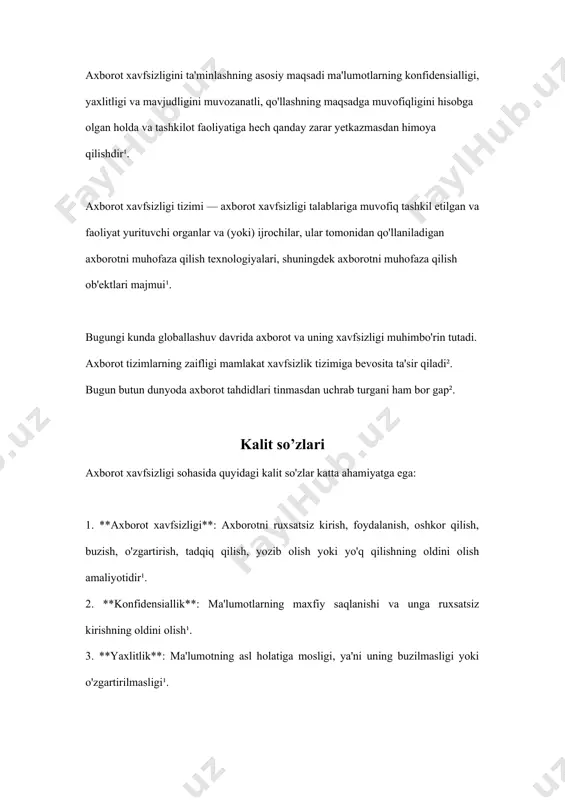 sohasida quyidagi kalit so'zlar katta ahamiyatga ega: 1. **axborot xavfsizligi**: axborotni ruxsatsiz kirish, foydalanish, oshkor qilish, buzish, o'zgartirish, tadqiq qilish, yozib olish yoki yo'q qilishning oldini olish amaliyotidir¹. 2. **konfidensiallik**: ma'lumotlarning maxfiy saqlanishi va unga ruxsatsiz kirishning oldini olish¹. 3. **yaxlitlik**: ma'lumotning asl holatiga mosligi, ya'ni uning buzilmasligi yoki o'zgartirilmasligi¹. 4. **mavjudlik**: ma'lumotning doimiy mavjud bo'lishi va kerakli vaqtda ulash imkoniyati¹. 5. **rad etishning imkonsizligi**: har qanday murosaga yo'l qo'yishning oldini olish¹. 6. **kibernetika**: axborot xavfsizligi sohasida kiber xavfsizlik muhim bo'lib, bu axborot tizimlarning zaifligi mamlakat xavfsizlik tizimiga bevosita ta'sir qiladi². 7. **axborot kompyuter**: axborotni elektron shaklda saqlash, qayta ishlash, uzatish va boshqa amallar uchun foydalaniladigan kompyuter tizimlari². 8. **axborot tizimlar**: axborotni saqlash, uzatish, qayta ishlash va boshqa amallar uchun tuzilgan tizimlar². bu kalit so'zlar axborot xavfsizligi sohasida muhim bo'lib, ularning to'g'ri tushunilishi va qo'llanilishi axborot xavfsizligini ta'minlashda muhim ahamiyatga ega. asosiy qism axborot xavfsizligi – tasodifiy va atayin qilingan …