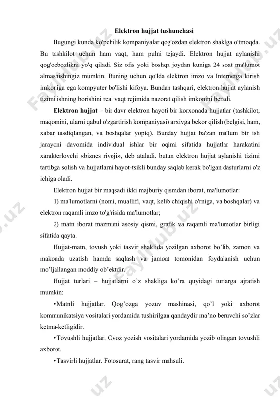 tning haqiqiyligini va biror bir yuridik shaxsga tegishli ekanligini tasdiqlovchi isbotdir. muhrlar o’zining alohida shakliga ega bo’lib, asosan hujjatlarning va undagi imzolarning aslligini tasdiqlaydi. elektron raqamli imzo o’zbekiston respublikasining “elektron raqamli imzo to’g’risida”gi 2003 yil 11 dekabrdagi 562-ii son qaroriga binoan quyidagicha ta’riflanadi. elektron raqamli imzo - elektron hujjatdagi mazkur elektron hujjat axborotini elektron raqamli imzoning yopiq kalitidan foydalangan holda maxsus o’zgartirish natijasida hosil qilingan hamda elektron raqamli imzoning ochiq kaliti yordamida elektron hujjatdagi axborotda xatolik yo’qligini aniqlash va elektron raqamli imzo yopiq kalitining egasini identifikatsiya qilish imkoniyatini beradigan imzo; elektron raqamli imzo - xabar yoki hujjat yaxlitligini va muallifining xaqiqiyligini tekshirishda qo’llaniladigan va shaxs imzosini to’laligicha o’rnini bosa oladigan hujjatga tegishli isbotdir. u axborot – kommunikatsiya tizimlari orqali uzatilayotgan hujjatlarni va axborotlarni haqiqiyligini tekshirishda qo’llaniladi. elektron raqamli imzodan muhr o’rnida ham foydalanish ham mumkin, bunda faqat va faqat hujjatga tegishli elektron raqamli imzo hujjatdagi barcha o’zgarishlarni yoki o’zgartirishlarni ko’rsatib …