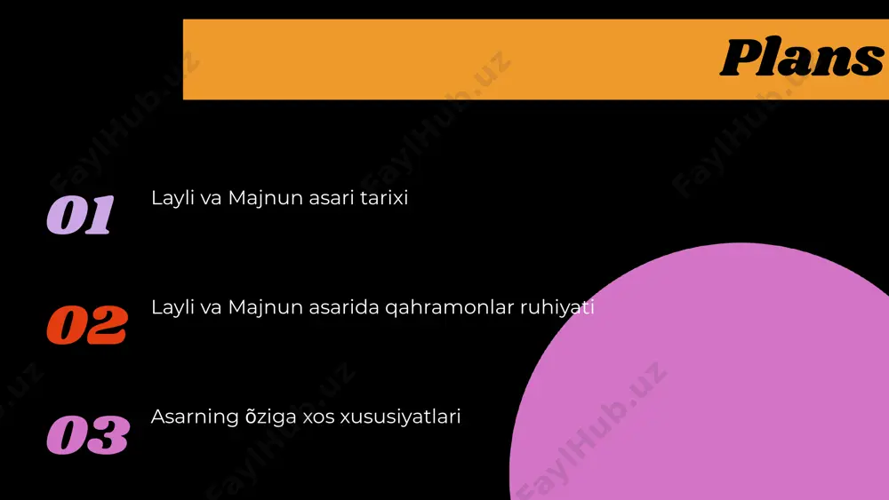 bni birlashtirgan holda, qahramonlarning ruhiyatini o'ziga xos ko'rinishda aks ettiradi. boshqa asarlardan farqi qahramonlar tasviri layli va majnun asarida qahramonlar xarakterlari va ruhiyati juda muhim ahamiyatga ega. - **layli:** go'zalligi va nazokatli tabiatiga ega, u o'z sevgisida sadoqat va umidsizlikni his qiladi. layli, majnunga bo'lgan sevgisi orqali, o'zining ichki kurashlarini ko'rsatadi. - **majnun:** u kuchli his-tuyg'ular va ruhiy azoblar bilan to'la. uning sevgi uchun kurashi, ba'zan umidsizlikka, ba'zan esa umidga to'la. majnun layli uchun qanchalik qiyinchiliklarni yengib o'tishi, uning ruhiy holatini aks ettiradi. - **qahramonlar o'rtasidagi munosabatlar:** layli va majnun o'rtasidagi munosabatlar, ularning ichki kurashlari va hissiyotlari o'rtasidagi bog'liqlikni ko'rsatadi, bu esa asarning dramatik kuchini oshiradi. asar ichidagi motivlar asosiy motivlar va ularning ahamiyati layli va majnun asarida sevgi, fidoiylik va qurbonlik asosiy motivlar sifatida ko'rinadi. sevgi motivi, qahramonlarning bir-biriga bo'lgan sadoqatini va ruhiy holatini aks ettiradi. fidoiylik, majnunning layliga bo'lgan muhabbati uchun qilgan barcha qurbonliklarini ifodalaydi. qurbonlik motivi esa, …
