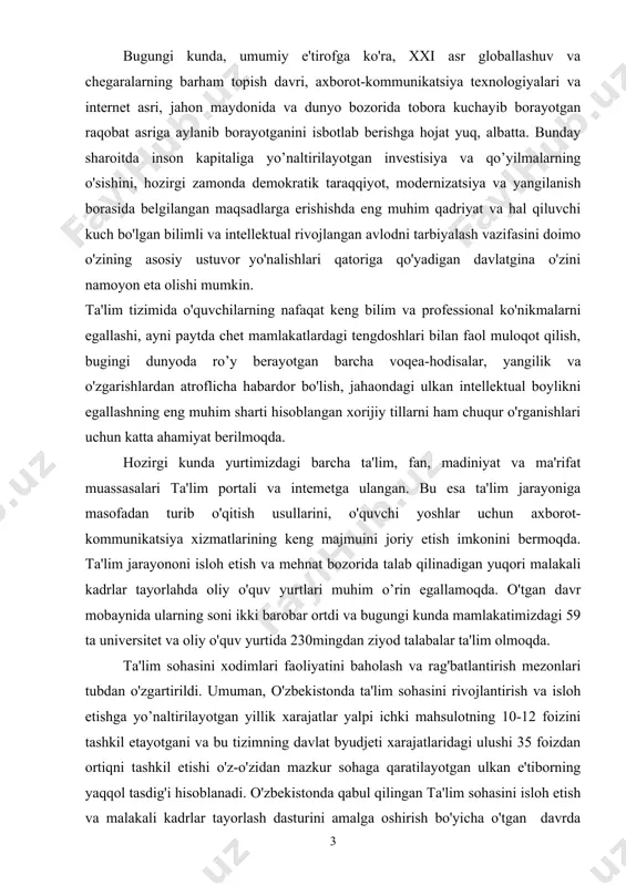 cha, birinchi navbatda,rivojlangan demokratik davlatlarda to'plangan tajribani o'zida mujassam etgan va ayni paytda shiddat bilan o'zgarib borayotgan hozirgi zamon talablarini hisobga olgan holda ishlab chiqilgan dasturdir. ta'lim tizimini tubdan isloh qilish odamlarimizning ongu tafakkuri va dunyoqarashini o'zgartirish, ularning siyosiy va fuqarolik faolligini, o'z kelajagiga bo'lgan ishonchini oshirishning eng muhim omili va mustahkam asosiga aylandi desak mubolag'a bo’lmaydi mavzuning dolzarbligi. hozirgi davrda xalqaro muloqot, munosabatlarga keng yo’l ochilgan bir davrda ingliz tili qo’shma gaplarining tarjimalari rivojlanmoqda. ingliz tili iboralarining, so’zlarining o’zbek tili va boshqa tillarga kirib kelishi buning isbotidir. ingliz tilini o’rganish hozirda o’zbekistonlik yoshlar oldida turgan dolzarb masaladir. hozirda dolzarb bo’lgan bu masala qadim bobokalonlarimiz asarlaridayoq kun tartibiga qo’yilgan edi. bunga misol qilib forobiyning yetmishdan ortiq tilni bilganligi, usmon nosirning butun bir asarni yoddan tarjima qilganligini va navoiy hamda boshqa olimlarning ikki tilda ijod qilganligini ko’rsatib o’tishimiz joiz. har bir inson o’zicha takrorlanmasdir, uning hayoti yashayotgan jamiyati bilan chambarchas bog’liq …
