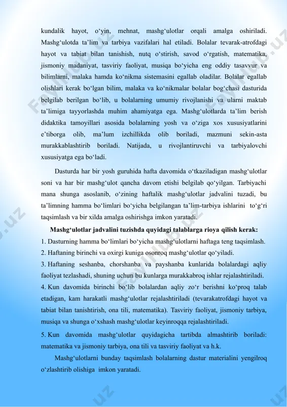 li mashg„ulotlar rejalashtiriladi (tevarakatrofdagi hayot va tabiat bilan tanishtirish, ona tili, matematika). tasviriy faoliyat, jismoniy tarbiya, musiqa va shunga o„xshash mashg„ulotlar keyinroqqa rejalashtiriladi. 5. kun davomida mashg„ulotlar quyidagicha tartibda almashtirib boriladi: matematika va jismoniy tarbiya, ona tili va tasviriy faoliyat va h.k. mashg„ulotlarni bunday taqsimlash bolalarning dastur materialini yengilroq o„zlashtirib olishiga imkon yaratadi. kun davomida bir necha marta: ertalabki qabul vaqtida, ertalabki va kechki sayrda bolalarning mustaqil faoliyatlari tashkil etiladi. bolalar o„zlariga tanish bo„lgan didaktik va harakatli o„yinlarni o„ynaydilar, hohlagan rasmlarini chizadilar, hohlagan narsalarini yasaydilar, kitoblar, rasmlarni tomosha qiladilar, hohlagan badiiy asarlarini tinglaydilar. bolalarning mustaqil faoliyati ular uchun dam olish soati hisoblanadi, ammo ish bilan bir vaqtda bolalarning o„z-o„zini tashkil eta bilish qobiliyati o„sishiga, xulq madaniyati irodaviy sifatlarning tarbiyalanishiga, jamoa munosabatlarining shakllanishiga yordam beradi. u har xil faoliyatlarda bolalardagi o„ziga xos ijodkorlikning rivojlanishiga keng imkoniyat yaratadi. shuning uchun bolalarning mustaqil faoliyatiga ham tarbiyachining rahbarlik qilishi talab etiladi: chunki hohlagan ishi …