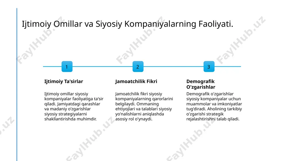 di. siyosiy strategiyalarda ta'sir mexanizmlarining ahamiyati. 1 ta'sir mexanizmlari ta'sir mexanizmlari siyosiy strategiyada muhim rol o'ynaydi, ular orqali tashkilotlar o'z maqsadlariga erishish uchun turli usullar va vositalarni qo'llaydi. 2 strategik ahmiyat siyosiy strategiya ta'sir mexanizmlarining ahamiyatini belgilaydi, chunki ular orqali siyosiy tashkilotlar o'z ta'sir doirasini kengaytirishi mumkin. 3 amaliy misollar amaliy misollar orqali ta'sir mexanizmlarining qo'llanilishi, siyosiy tashkilotlarning muhim qarorlar qabul qilish jarayonida qanday rol o'ynashini ko'rsatadi. siyosiy ta'sirni boshqarish: mexanizmlar va usullar. 1 ta'sir mexanizmlari - siyosiy kompaniyalarda ta'sir mexanizmlari liderlar, lobbistlar va ommaviy axborot vositalari orqali amalga oshiriladi. ular strategik maqsadlarni qo'llab-quvvatlaydi. 2 usullar tahlili - siyosiy ta'sirni oshirish uchun muzokaralar, koalitsiyalar va hamkorlik usullari qo'llaniladi. ular siyosiy kompaniyaning raqobatbardoshligini kuchaytiradi. 3 innovatsion yondashuv - texnologik taraqqiyot va axborot texnologiyalari siyosiy ta'sirni oshirishda innovatsion yondashuvlarni qo'llash imkonini beradi, samaradorlikni oshiradi. ta'sir mexanizmlarini baholash: siyosiy strategiyalar. ta'sir omillari siyosiy strategiyalar ta'sir omillarini aniqlash bilan boshlanadi. bu omillar ichki va …