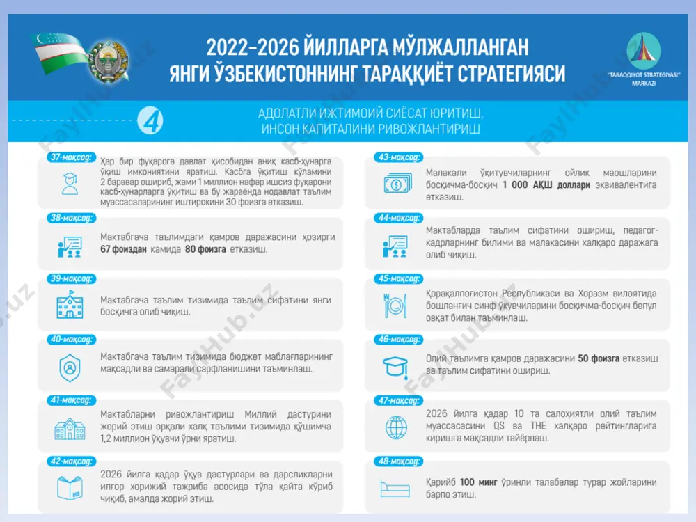 igan moddiy va nomoddiy ne’matlar hamda ularga bo‘lgan huquqlar taʼlim muassasalarini rivojlantirish uchun investitsiyalar, grantlar va homiylik yordamini jalb qilish prezidentimiz sh.mirziyoyev aytganlaridek “har qaysi davlat, har qaysi xalq intellektual salohiyati, yuksak ma`naviyati bilan qudratlidir. ta`limga investitsiyalar eng avvalo: - ta’lim tizimida infratuzilmalarini ta’mirlash, obodonlashtirish ishlariga; - insonning o`z bilimlarini oshirishga motivatsiyasining ortishiga; - to`plangan bilimlardan mehnat faoliyati jarayonida foydalanishga; - mehnat unumdorligi ortishi va iqtisodiyotning o`sishiga; - inson turmush darajasi va turmush sifatining ortishiga; inson mehnatga haq to`lashning ko`payishi, uning daromadlari ortishiga; - eng asosiysi insonning yuksak ma’naviyatli bo’lishiga olib keladi. muassasada davlat-xususiy sherikchilikni tashkil qilish yoʻllari maktabgacha ta’lim sohasida davlat-xususiy sheriklik shakllarini yanada kengaytirish chora-tadbirlari to‘g‘risida o‘zbekiston respublikasi vazirlar mahkamasining 22.11.2018 yildagi 944-son qarori davlat-xususiy sherikchilikni tashkil qilishda asos bo’lib xizmat qiladi. bunda: - xususiy sherikning tashabbusi bilan taqdim etilgan hujjatlarni o‘rganish asosida tanlov o‘tkazilmasdan to‘g‘ridan to‘g‘ri muzokaralar olib borish orqali amalga oshiriladi; - ijtimoiy ko‘makka muxtoj oilalar …
