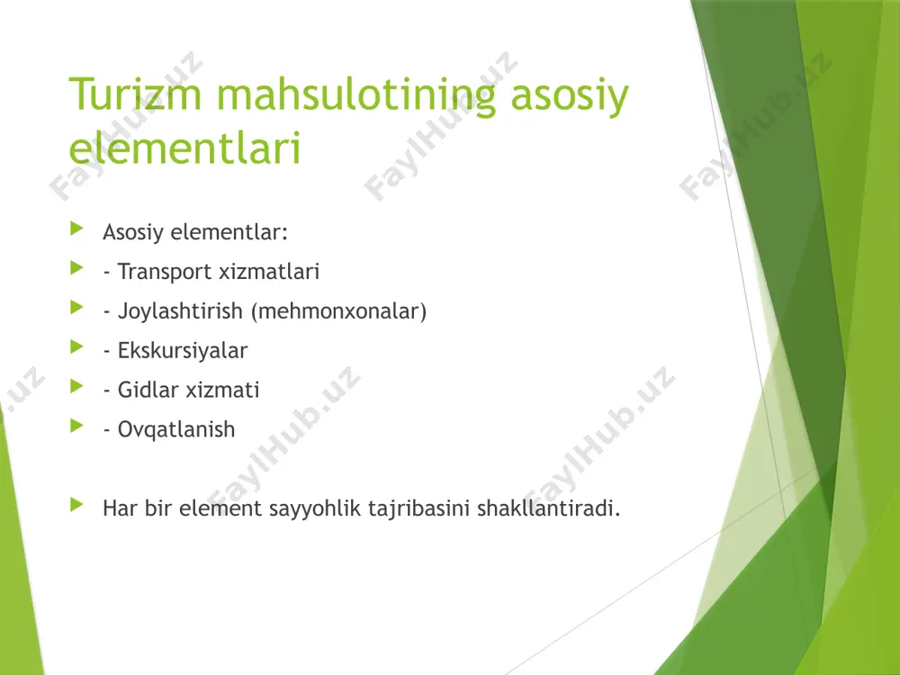 htirish - ovqatlanish - ekskursiya - ko‘ngilochar xizmatlar mahsulotni joylashtirish strategiyasi strategiyalar: - onlayn platformalarda targ‘ib qilish - hamkorliklar - mahalliy va xalqaro yarmarkalar xulosa va savol-javob xulosa: - turizm mahsuloti — murakkab, ko‘p komponentli tizim - turlari va shakllari mijoz ehtiyojlariga qarab farqlanadi savol: sizga qaysi turdagi turizm mahsuloti eng qiziqarli? /docprops/thumbnail.jpeg