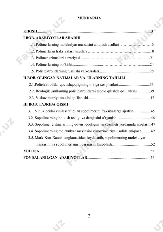 3.2. sopolimerning bo’kish tezligi va darajasini o’rganish....................................46 3.3. sopolimer eritmalarining qovushqoqligini viskozimetr yordamida aniqlash..47 3.4. sopolimerning molekulyar massasini viskozimetriya usulida aniqlash..........49 3.5. mark-kun-xaunk tenglamasidan foydalanib, sopolimerning molekulyar massasini va sopolimerlanish darajasini hisoblash.........................................52 xulosa....................................................................................................................55 foydalanilgan adabiyotlar..................................................................56 kirish hurmatli prezidentimiz islom karimov o’zbekiston respublikasi oliy majlis qonunchilik palatasi va senatning qo’shma majlisida “mamlakatimizni modernizatsiya qilish va kuchli fuqarolik jamiyati barpo etish ustivor maqsadimizdir” mavzusida fikrlarini bayon etdilar. oliy majlisning qonun ijodkorligi faoliyatida mamlakatimizda iqtisodiy sohada amalga oshirilayotgan tarkibiy o’zgarishlarni, qulay investitsion muhitni shakllantirish, ishlab chiqarishni modernizatsiya qilish va texnik qayta jihozlash, bank moliya tizimini rivojlantirishni normativ huquqiy jihatdan ta’minlash masalalari alohida o’rin egallaydi [1]. iqtisodiy islohotlarni qonuniy jihatdan ta’minlashga yo’naltirilgan bir qator tadbirlar 2009-2012 yillarga mo’ljallangan, jahon moliyaviy-iqtisodiy inqirozning salbiy oqibatlarini imkon qadar kamayishga qaratilgan inqirozga qarshi choralar dasturini samarali amalga oshirishni huquqiy ta’minlash, dunyodagi sanoqli davlatlar qatorida o’zbekistonga iqtisodiyotning barqaror o’sish sur’atlarini saqlab qolish va aholining real daromadlarini oshirish imkonini beradi. …
