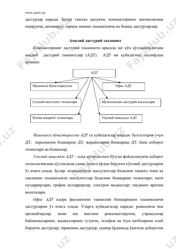 ида турли сабабларга кўра магнит дисклардаги маълумотлар ўчиб кетиши мумкин. бу магнит дискни ишдан чиқиши, файлларни нотўғри таҳрири ёки эҳтиётсизлик натижасида файлнинг ўчирилиши, ёки компьютер вирусининг зарари натижасида юз беради. шунинг учун фойдаланилаётган файлларнинг архив нусхасини яратиш ва ўзгартирилаётган файллар нусхасини янгилаб туриш зарур. нусха кўчириш жараёнида файл нусхалари учун жуда кўп диск ва дискеталар керак бўлади. чунки бунда нусхалар хажми ўзгармайди. шу сабабли файлларни оддий нусхасини кўчиришдан кўра архивли нусхаларини яратиш мақсадга мувофиқ. файлларнинг архивли нусхасини яратиш учун махсус архивловчи программалардан фойдаланилади. бу программалар файл нусхаларини дискда сиқиб жойлаштириш ҳисобига дискларда жойни тежайди, ҳамда файлларни архивдан олиш ва архив мундарижасини кўриш имкониятини беради. архив файл мундарижасида файллар номи, файл жойлашган папка номи, охириги ўзгартириш вақти ва санаси, файлнинг дискдаги ва архивдаги ҳажми ҳақидаги маълумот берилади. архивлаш программалари архив файлларнинг формати, ишлаш тезлиги, файлларни сиқиш даражаси билан фарқланади. кенг тарқалган архивловчи программалар бир хил имкониятларга эга бўлиб, улардан бир биридан …