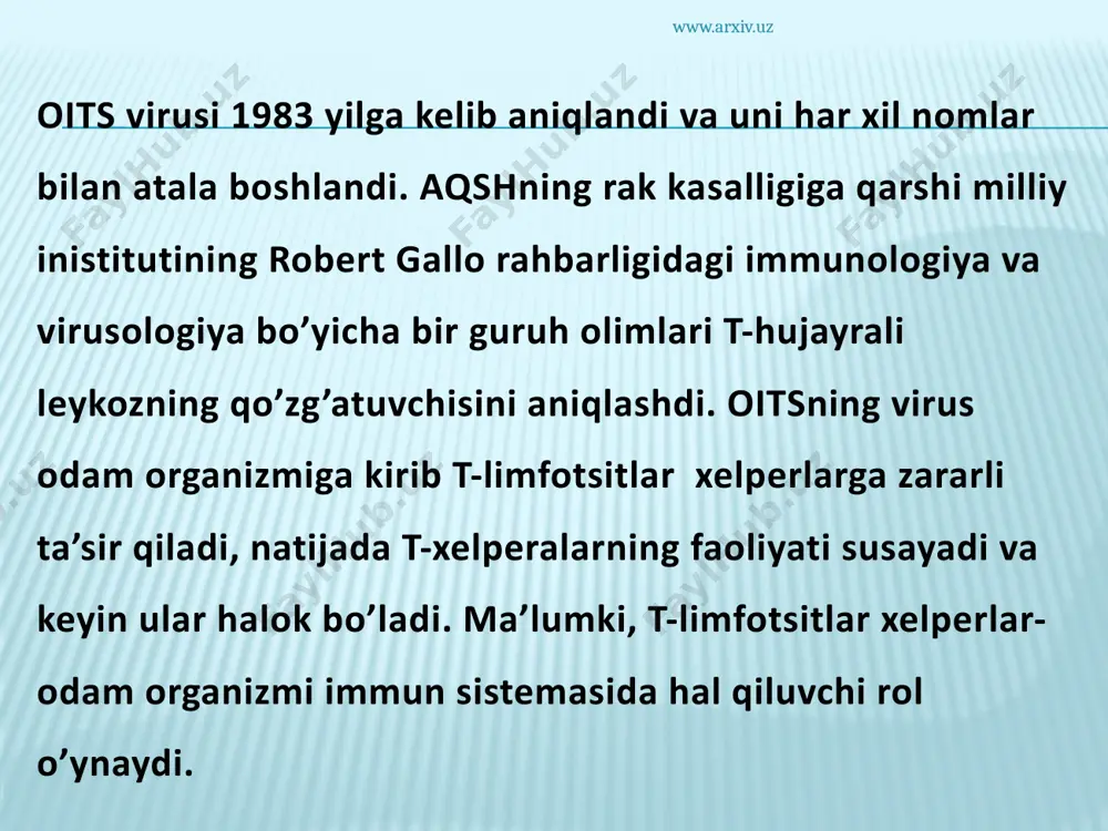 m beradi. bundan tashqari diagnoz qo’yilishida bemorni tanosil kasalliklari, yuqumli v va e gepatit kasalligi, genital kasalliklari bor yo’qligi uning ijtimoiy va ruhiy holati aniqlanadi. tekshirilayotgan kishi besoqolboz emasligi unga donorlik qoni quyilgan quyilmaganligi, tomir orqali narkotik moddalarini qabul qilgan yoki qabul qilmaganligi aniqlanadi. www.arxiv.uz oits kasalligini oldini olish har bir o’zbekiston respublikasi fuqarolari shuningdek o’zbekiston respublikasi hududida yashayotgan yoki turgan chet el fuqarolari hamda fuqaroligi bo’lmagan shaxslar ismi sharifini sir saqlagan holda ixtiyoriy ravishda oits kasalligini aniqlash maqsadida anonim tibbiy tekshirishdan o’tishi mumkin. shu sababdan tibbiy muassasalarda hamda o’quv yurtlarida ishonch xonalari tashkil etiladi. www.arxiv.uz o’zbekiston respublikasida oits kasalligi va uning tarqalishiga qarshi qator tadbir choralar ko’rilmoqda. o’zbekiston bo’yicha 14ta markaz tashkil etilgan. ularning ishlarini respublika oits markazi tekshirib boradi. shu markazlarga qarashli 82ta oits laboratoriyalari bo’lib, ular qon quyish stantsiyalari, maslahat-aniqlash markazlari, shahar va tuman markaziy kasalxonalari, teri-tanosil dispanserlari, ilmiy-tadqiqot inistitutlarida ochilgan. bundan tashqari 100ga yaqin ishonch xonalari …