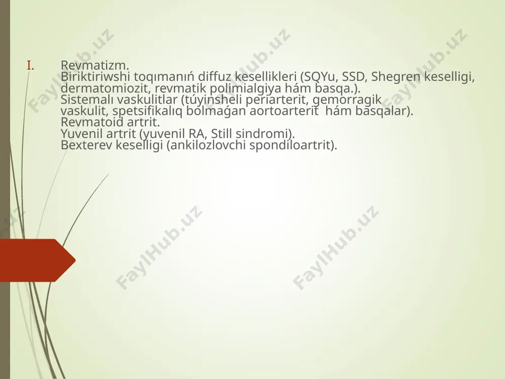 rinshi bo'g'imlari qosılıwı; bir tárepleme sakroileit, tendovaginit, bursitlar, ısıtpalaw; bo'g'imdan tısqarı ózgerisler (episklerit, kon'yunktivit, irit, miokardit); qan analizinde leykatsitoz, eсht ni asıwı, iersiniyaga qarsı antitela anıqlanadı.