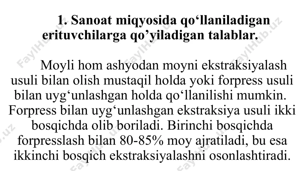 hi va ekstraksiyalanayotgan materialdagi boshqa moddalarni eritmasligi kerak; - qaynash harorati past bo‘lgan kimyoviy jihatdan bir xil modda bo‘lishi, kichik issiqlik sig‘imiga ega bo‘lishi va bug‘ hosil qilish issiqligi past bo‘lishi kerak. - saqlash va texnologik jarayon davomida kimyoviy tarkibi va xossalarini o‘zgartirmasligi kerak; - moy va shrot tarkibidan to‘liq ajralishi, ularga begona hid va ta’m bermasligi, inson va hayvonlar uchun xavfli bo‘lgan moddalar hosil qilmasligi kerak; - texnologik uskunalarga zararli ta’sir ko‘rsatmasligi kerak; - yong‘in va portlash jihatdan xavfsiz bo‘lishi kerak; - sanoat miqyosida katta hajmlarda qo‘llash uchun arzon va tanqis bo‘lmasligi kerak. yuqoridagi barcha talablarga javob beruvchi erituvchini eng ideal deb baholash mumkin. lekin tabiatda barcha talablarga javob beruvchi erituvchi mavjud emas, sanoatda qo‘llanilayotgan ekstragentlar esa talablarning bir qismiga javob beradi xolos. o‘simlik moylarining organik erituvchilarda erishi. suyuqliklarni suyuqliklarda erishida ularning molekulalarini tortishish kuchlari bir-biriga qancha yaqin bo‘lsa, ular bir-biri bilan shuncha oson aralashadi. barcha o‘simlik moylari yaqin …