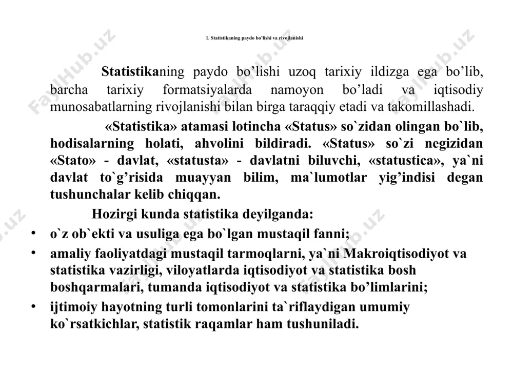 t usullarini shunday tartibda o’rnatadiki turli-tumanlik ichida birlikni, son-sanoqsiz alohida “tasodiflar” orasida qandaydir umumiylikni, qandaydir bog’liqlikni aniqlash uchun ya’ni xulosalar qilishdir. statistika deganda mamlakatning iqtisodiy va sotsial rivojlanishi haqida ma’lumotlarni to’plovchi, umumlashtiruvchi va chop qiluvchi organ, ya’ni statistika organlari tushuniladi; statistika deganda biror-bir hodisa haqidagi raqamlar yig’indisi tushuniladi. statistika deganda ijtimoiy fan tushuniladi (bu ayniqsa sobiq ittifoq olimlari o’rtasida eng ko’p tarqalgan ta’rif); statistika deganda statistik metodlar yig’indisi tushuniladi; statistika deganda raqamli ma’lumotlarni to’plash va interpretatsiya (izohlash, talqin qilish) metodlarini o’rgatuvchi fan tushuniladi va h.k. statistikaning o’rganish ob’ekti insoniyat hayotida ro’y beradigan barcha ommaviy voqea va hodisalardir, predmeti esa shu ommaviy voqea va hodisalarni miqdoriy va sifat tomonlarini o’rganuvchi, aniq sharoit va vaqtda hodisalarning rivojlanish qonuniyatlarini o’rgatuvchi metodlar yig’indisidir. yuqorida berilgan ta’rifda statistika predmetining quyidagi xususiyatlari ko’rsatilgan: birinchi xususiyat. ommaviy hodisalarni o’rganadi. ommaviy-ijtimoiy hodisalar deyilganda quyidagilar tushuniladi: birinchidan, iqtisodiy hodisalar, ikkinchidan, madaniy va ta`lim-tarbiya sohasidagi hodisalar, uchinchidan, siyosiy va mafkuraviy …