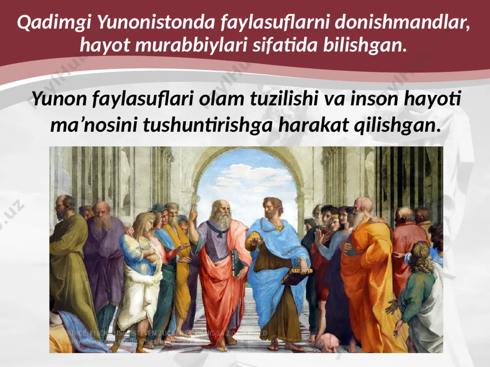 yuborgani haqida hikoya qiladi. afinalik mashhur faylasuf sokrat (sharqda keyinchalik «suqrot» tarzida aytilgan o’zining dono hikmatlari tufayli shaharning eng aqlli kishisi deb e’lon qilingan edi. suqrot suqrot o’z fikrlarini og’zaki bayon qilgan. uning g‘oyalari platon degan boshqa bir yunon faylasufi orqali bizgacha yetib kelgan. platon atlantida degan xayoliy (ideal) davlat to‘g‘risida ta’limotni yaratgan platonni endilikda «aflotun» sifatida ham bilamiz. suqrot dunyoda ezgulik qonunlari mavjudligini, faqat ularni bilish va ularga rioya qilgan holda yashash kerakligini isbotlagan. savol va topshiriqlar 1. yunon olimlarining kashfiyotlari va yutuqlari haqida so’zlab bering. 2. sizning cha suqrotning “o’z-o’zingni anglagin va bilgin” hikmati nimani anglatad? 3. suqrot haqida nimalarni bilasiz? suqrotning g’oyalari sizga ma’qulmi? image2.jpg image3.jpeg image4.emf image5.jpeg image6.jpeg image7.jpeg image8.jpeg image9.jpeg image10.jpeg image11.jpeg image12.jpeg image13.jpeg image14.jpeg image15.jpeg image16.jpeg image1.jpg
