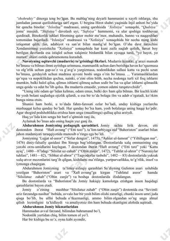 bur podshoh hindistonda bir-biri bilan dushmanlik kayfiyatida bo’lgan mayda mustaqil rojalarni (hukmdorlarni) ham qilich, ham siyosat yo’li bilan birlashtiradi va 1530 yilgacha markazlashgan yirik saltanatini barpo etadi. bu saltanat 332 yil (1526-1858-yillar), ya’ni hindistonni buyuk britaniya to’liq bosib olgunga qadar hukm surdi. bobur xayotiy esdaliklar yozish maktabini «boburnoma» asari orkali boshlab berdi. «muxtasar», «mubayyin», «volidiya», «xatti boburiy» kabi asarlarida ta’lim-tarbiya masalalariga alohida e’tibor qaratgan. uning ijodiga mansub bo’lgan «xatti boburiy» uzoq yillar davomida maktablarda, madrasalarda savod o’rgatish kitobi sifatida foydalanilgan. bobur nafaqat buyuk davlat arbobi, mohir sarkarda, shoir, bastakor, ayni paytda mashhur tarixchi olim hamdir. bu borada uning nomini abadiylikka muhrlagan asar - “boburnoma”dir. v bob. xiv asrning ikkinchi yarmi va xvi asrda movaraunnahrda pedagogik fikrlar rivoji alisher navoiyning asarlarida tarbiya va insonparvarlik masalalari. navoiy ijodining asosini inson va uning ma’naviy dunyosi, muhabbat va go’zallik tushunchalari haqidagi chuqur uy-xayollar, hayot mazmuni haqidagi fikrlar tashkil etadi. shoir nazarida muxabbat – bu …