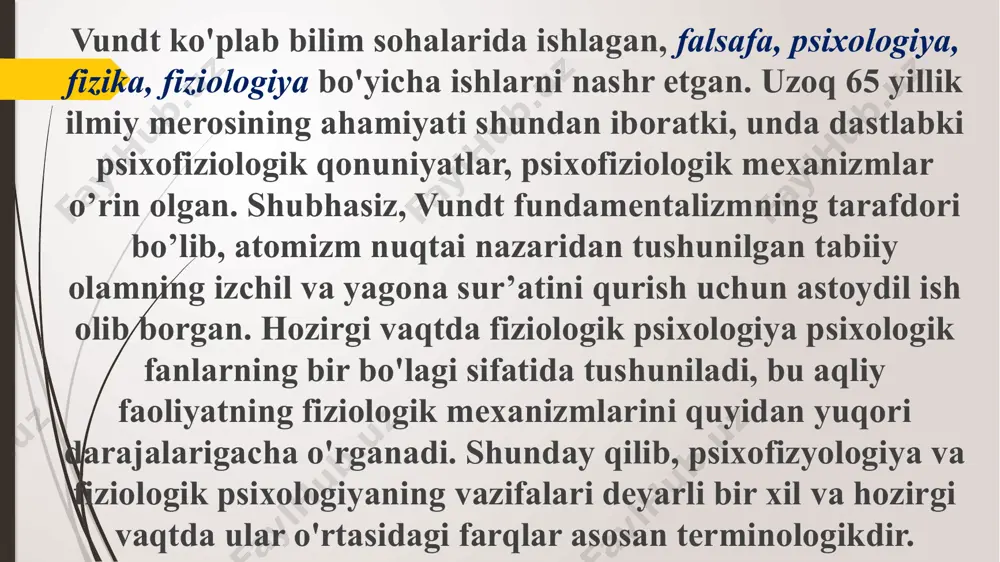 unosabatda – tizimda ko’rib chiqishga va o`rganishga imkon beradi yosh psixofiziologiyasi o`sib ulg`ayish jarayonida inson psixologiyasining fiziologik parametrlaridagi o`zgarishlarni o`rganish qiyosiy psixofiziologiya inson miyasining arxitekturasi va faoliyatidagi tafovutlarni, shuningdek, turli xil hayvonlar va odamlarning xatti – harakatlaridagi farqlarni aniqlaydigan va o`rganadigan fan differentsial psixofiziologiya inson psixikasdagi individual farqlarning tabiiy ravishda topilgan sabablarini o`rganadi. bu yerda 2 asosiy usul qo`llaniladi: aqliy faoliyat davomida fiziologik va psixologik ko’rsatkichlarni taqqoslash va fiziologik jarayonlardagi o`zgarishlarni kuzatish. psixofiziologiyani o’rganishda psixologik hamda fiziologik holatlarni farqlash muammosi mavjud bo’lib, bu chegara qayerdan o’tganligini bugungi kun tadqiqotlari natijasida aniq ko’rish mumkin. psixologiya fiziologiya psixo-fiziologiya fiziologik seskanuvchanlik asab tizimi holati fiziologik reaksiya psixologik his qilish temperament intilish, harakat qilish psixologik holat jismoniy harakat moyillik qobiliyat materiya va ong o'rtasida bog’lanish. aristotelning ruhni tananing funktsiyasi sifatida jasoratli bayonotlariga qaramay, psixologiya deyarli butun tarixi davomida, hech bo'lmaganda 19-asrning o'rtalariga qadar o'zining nazariy tuzilishlarida aslida qarama-qarshi pozitsiyaga asoslangan edi. bu aniq sub'ektivizmga, …