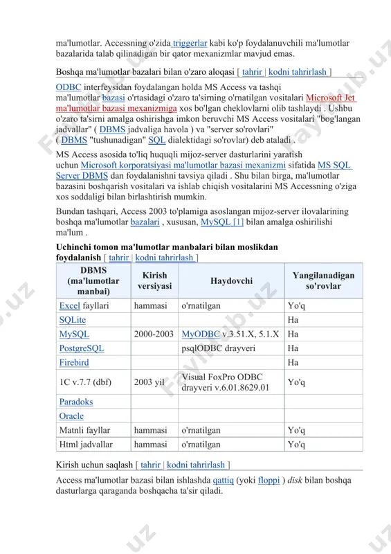 ta'sirning o'rnatilgan vositalari microsoft jet ma'lumotlar bazasi mexanizmiga xos bo'lgan cheklovlarni olib tashlaydi . ushbu o'zaro ta'sirni amalga oshirishga imkon beruvchi ms access vositalari "bog'langan jadvallar" ( dbms jadvaliga havola ) va "server so'rovlari" ( dbms "tushunadigan" sql dialektidagi so'rovlar) deb ataladi . ms access asosida to'liq huquqli mijoz-server dasturlarini yaratish uchun microsoft korporatsiyasi ma'lumotlar bazasi mexanizmi sifatida ms sql server dbms dan foydalanishni tavsiya qiladi . shu bilan birga, ma'lumotlar bazasini boshqarish vositalari va ishlab chiqish vositalarini ms accessning o'ziga xos soddaligi bilan birlashtirish mumkin. bundan tashqari, access 2003 to'plamiga asoslangan mijoz-server ilovalarining boshqa ma'lumotlar bazalari , xususan, mysql [1] bilan amalga oshirilishi ma'lum . uchinchi tomon ma'lumotlar manbalari bilan moslikdan foydalanish [ tahrir | kodni tahrirlash ] dbms (ma'lumotlar manbai) kirish versiyasi haydovchi yangilanadigan so'rovlar excel fayllari hammasi o'rnatilgan yo'q sqlite ha mysql 2000-2003 myodbc v.3.51.x, 5.1.x ha postgresql psqlodbc drayveri ha firebird ha 1c v.7.7 (dbf) 2003 …