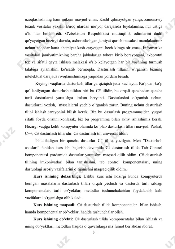 tida c# dasturlash tilidan foydalanishimiz mumkin. visual c# dasturlash tilida form sinfini yaratish uchun yangi loyiha yaratiladi. loyihani yaratish quyidagicha amalga oshiriladi: (1-rasm) 1-rasm. form oynasini hosil qilish komponentalar form oynasi hosil qilingach paydo bo’ladi. komponentalarni shaklga o’rnatish uchun komponentlar palitrasidagi kerakli piktogramma tanlanadi, so’ngra shaklning komponenta joylanishi kerak bo’lgan joyi tanlanadi. komponentalar windows form oynasida da joylashgan bo’ladi. yoki view menyusidan tool ni tanlab bizga kerakli komponentalarni ko’rishimiz mumkin. (2-rasm) 1-rasm. komponentalar oynasini hosil qilish komponentalar oynasi quyidagi asosiy komponentalardan tashkil topadi: · textbox · label · combobox · picturebox · progressbar · button · checkbox · radiobutton · datetimepicker · listbox · panel · tabcontrol · masked textbox · listview · datetimepicker · domainupdown · month calendar · numericupdown · rich textbox button komponentasi button komponentasi (uzb “tugma”, рус “кнопка”) windows forms komponentalar guruhida joylashgan. bu komponenta form oynasining istalgan joyiga joylashtiriladi va sichqoncha tugmasini button komponentasining ustida …