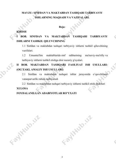 sinfdan va maktabdan tashqari tarbiyaviy ishlar — DOC