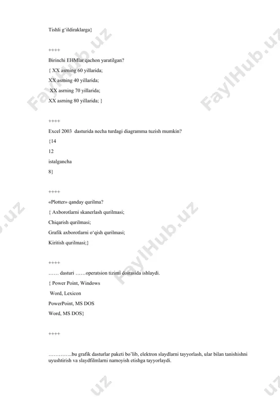‘rli) modellar tarmoqli(to‘rli) va relyatsion modellar rastrli, vektorli va frontal modellar} ++++ ma’lumotlarni chop etuvchi qurilma qaysi? {modem skaner printer kolonka} ++++ ma’lumotlarni kiritish qurilmasi nima uchun mо‘ljallangan? { ma’lumotlarni qayta ishlash uchun; ma’lumotlarni saqlash uchun; ma’lumotlarni foydalanuvchidan mashinaga jо‘natish uchun; algoritmlarni qayta ishlashni amalga oshirish uchun} ++++ matn muharrirlari to‘g‘ri keltirilgan qatorni ko‘rsating? {ms-dos, norton commander, windows 95, windows 98 ms-dos, windows 96, windows 98, windows 2000, net were, lexicon, microsoft word, блокнот windows nt, unit, cp/m, tr dos} ++++ matritsani matritsaga kо‘paytirish formulasi qanday nomlanadi? { умнож; мобр; мумнож; произвед;} ++++ maydon xarakteristikalari to‘liq ko‘rsatilgan javobni toping? {maydon nomi va tipi maydon nomi, tipi va o‘lchami maydon tipi va o‘lchami maydon nomi va o‘lchami} ++++ microsoft word matn muharririda kiritilgan ma’lumotni diskka yozish tartibi to‘g‘ri keltirilgan qatorni tanlang? {меню/ правка/ сохранить как/ fayl nomi/ сохранить меню/ сохранить/ файл номи/ сохранить меню/ файл/ сохранить как/ fayl nomi/ сохранить [ctrl]®[f1] …