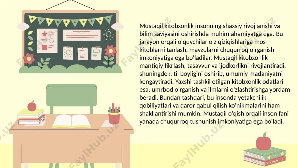 kerak. darsliklar va qo‘llanmalar o‘quv yiliga 3-4 marotaba yangilanadi. mutaxassislar o‘quv materiallarini tayyorlashda 80-100 varaqni o‘rnatilgan hajmda tanlaydilar. yodlashni osonlashtirish uchun matnlar 70% yozma, 30% rasmlar bilan to‘ldirilgan bo‘lishi kerak. ta'lim vazirligi har yili taqdim etiladigan materiallarni yangilash va tanlash bo‘yicha 5-7 muallifdan tashkil topgan ekspert guruhlarini jalb qiladi. 1-4-sinf o‘quvchilarining yoshi 6-10 yosh oralig‘ida bo‘ladi. bu bosqichda bolalar o‘qishni o‘rganishda tafakkur qobiliyatlarini rivojlantiradi va muloqot qilish ko‘nikmalari kuchayadi. ayniqsa, 1-sinfda bolalar harflarni tanib, so‘zlarni birlashtira boshlaydilar. 2-3-sinflarda ular tezkor o‘qishni va matnni tushunishni o‘rgansa, 4-sinfda esa mavhum tushunchalarni anglash va tahlil qilish qobiliyatlari rivojlanadi. ushbu davrda bola psixologiyasini inobatga olgan holda shaxsiy qiziqishlarni rag‘batlantirish va mos darsliklar tanlash muhimdir. shu nuqtai nazardan o‘qituvchilar va ota-onalar pedagogik yondashuvlarda bolalar yoshiga mos bo‘lishlari kerak. 1. har kunlik o'qish rejasini tuzing va unga rioya qiling. 2. o'qishning audio yoki video variantlaridan foydalaning. 3. har hafta yangi janr yoki muallifni tanlang. 4. do'stlar …