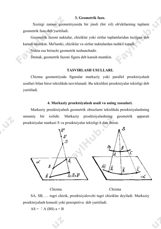 unalishi - s parallel proektsiyalashni tsilindrik proektsiyalash deb xam yuritiladi. parallel proektsiyalash 2 xil buladi: 1. kiyshik burchakli parallel proektsiyalash. bunday proektsiyalash yunalishi proektsiyalar tekisligi h bilan utkir burchak tashkil kiladi. 2. tugri burchakli parallel proektsiyalash. bunda proektsiyalash yunalishi proektsiyalar tekisligi h ga perpendikulyar buladi. parallel proektsiyalash xosslari geometrik figuralarni parallel proektsiyalashda uning kuyidagi xossalardan foydalanish mumkin. 1-xossa. nuktaning parallel proektsiyasi nukta buladi. 2-xossa. proektsiyalash yunalishiga parallel bulmagan tugri chizikning proektsiyasi tugri chizik buladi. chizma chizma 3-xossa. aв tugri chizikka tegishli s nuktaning parallel proektsiyasi shu tugri chizik proektsiyasi ustida buladi. 4-xossa. biror nukta tugri chizik kesmasini biror nisbatda bulsa, u xolda bu nuktaning proektsiyasi xam kesma proektsiyasini shunday nisbatda buladi. 5-xossa. tugri chiziklarning kesishuv nuktasining proektsiyasi ularning proektsiyalarining kesishishi nuktasi buladi. у nuqtada kesishuvchi ab va sd to’g’ch berilgan. agar ab cd = e bulsa, ab cd=e buladi. 6-xossa. parallel tugri chiziklarning tekislikdagi proektsiyalari xam parallel buladi. ab//sd bulsa …