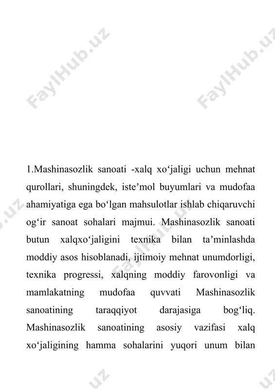 ik va qishloq xoʻjaligi mashinasozligi. respublika mashinasozligida ishlab chiqariladigan jami mahsulotning qariyb 20% shu tarmoq hissasiga toʻgʻri keladi. 90-yil boshigacha tarmoqning koʻpgina mahsulotlari sobiq ittifoq ahamiyatiga ega boʻlgan. mdh mamlakatlari boʻyicha paxta terish mashinalari, chigit seyalkalari, paxtachilikka moslashtirilgan chopiq traktorlari, traktor tirkamalarining asosiy kismi oʻzbekistonda ishlab chiqariladi. 30-yillar boshida paxtachilikda ishlatiladigan ekish va tuproqqa ishlov berish mashinalari, paxta tozalash zavodlari uchun texnologik va boshqa jihozlar oʻrta osiyoda yagona "boshpaxtasanoat"ning mexanika zavodida tayyorlangan. 90-yilga kelib traktorsozlik va q. h. mashinasozligi tarmogʻida 20 dan ortiq zavod, birlashma va tashkilotlar faoliyat koʻrsatdi. bu tarmoqda paxtachilik traktorlari, dvigatellar, traktor tirkamalari, paxtachilik texnikasi kompleksi, bogʻdorchilik va tokchilik mashinalari, q. h. mashinalari reduktorlari, chorvachilik, ozuka tayyorlaydigan mashinalar, ehtiyot qismlar va h. k. ishlab chikariladi. 20-asrning 90-yillar boshida quvvati 30 ot kuchi boʻlgan ttz - 30 traktori va unga moslangan q. h. mashinalari va qurollari majmui yaratildi. traktorsozlikning yirik korxonalari — "toshkent traktor zavodi" davlat-aksiyadorlik jamiyati va …