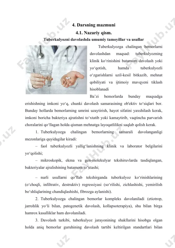 aqtincha parvarish choralarini qo‘llagan holda qisman mehnatga layoqatlilikni saqlab qolish kerak. 1. tuberkulyozga chalingan bemorlarning samarali davolanganligi mezonlariga quyidagilar kiradi: · faol tuberkulyozli yallig‘lanishning klinik va laborator belgilarini yo‘qolishi; · mikroskopik, ekma va gen-molekulyar tekshiruvlarda tasdiqlangan, bakteriyalar ajralishining batamom to‘xtashi; · nurli usullarni qo‘llab tekshirganda tuberkulyoz ko‘rinishlarining (o‘choqli, infiltrativ, destruktiv) regressiyasi (so‘rilishi, zichlashishi, yemirilish bo‘shliqlarining chandiqlashishi, fibrozga aylanishi). 2. tuberkulyozga chalingan bemorlar kompleks davolaniladi (etiotrop, jarrohlik yo‘li bilan, patogenetik davolash, kollapsoterapiya), shu bilan birga hamrox kasalliklar ham davolaniladi. 3. davolash tarkibi, tuberkulyoz jarayonining shakllarini hisobga olgan holda aniq bemorlar guruhining davolash tartibi keltirilgan standartlari bilan aniqlaniladi. standartlar doirasida kasallik dinamikasining xususiyatlari, tuberkulyoz mikobakteriyasining dorilarga ta’sirchanligi, qo‘llanilayotgan preparatlarning farmakokinetikasi va ularning o‘zaro ta’siri, preparatlarni ko‘tara olish va yondosh hamda fon kasalliklari borligini hisobga olgan holda davolash taktikasi individuallashtiriladi. 4. tuberkulyozga chalingan bemorlarni ambulator bosqichda davolash o‘tkazilayotganda preparatlarni berish, turar joy bo‘yicha btsyo bazalarida amalga oshiriladi. 5. hamma btsyo muassasalarida quyidagi alohida …