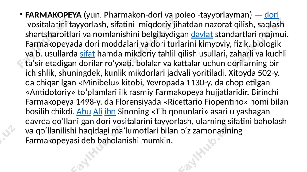 sh va tayyorlash qoidalari bo‘yicha bir bo‘limi hisoblanadi. resept shifokorning farmasevtik ma’lumotga ega bo‘lgan mutaxassisga dori preparatini ma’lum doza va shaklda tayyorlash va (yoki) berish hamda uni qo‘llash usuli to‘g‘risidagi yozma ko‘rsatmasi. farmakologik vositalar muayyan dori shakliga, klinik oldi tadqiqotlarda aniqlangan farmakologik faollik va xavfsizlikka ega bo‘lgan, klinik tadqiqot ob‘ektlari bo‘lgan modda yoki moddalar aralashmasi; dori vositalari kasalliklar profilaktikasi, ularga tashhis qo‘yish va davolash, shuningdek odam organizmining holati va funksiyalarini o‘zgartirish uchun tibbiyot amaliyotida qo‘llanilishiga ruxsat etilgan dori moddalari (substansiyalar) va yordamchi moddalar asosida olingan vositalar, dori moddalari (substansiyalar), dori preparatlari; dori moddalari (substansiyalar) farmakologik, immunologik yoki metabolik faollikka ega bo‘lgan yoxud tashhis qo‘yish maqsadi uchun foydalaniladigan, tibbiyot amaliyotida qo‘llanilishiga ruxsat etilgan, kelib chiqishi tabiiy yoki sintetik moddalar. o‘zbekiston respublikasida yangi dori moddasini tibbiyot amaliyotida qo‘llashga ruxsat berish sog‘liqni saqlash vazirligi huzuridagi farmasevtika tarmog‘ini rivojlantirish agentligining dori vositalari, tibbiy buyumlar va tibbiy texnika ekspertizasi va standartlashtirish davlat markazi (keyingi o‘rinlarda …
