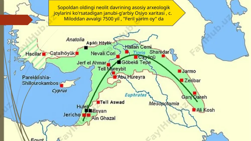 g oqibatlari jihatidan muhim bo'lib chiqdi. xuddi shu davrda va o'sha hududda - zagros tog'larida ( ganji dar va boshqalar) - echki ,qo'ylar xonakilashtirilgan neolit odamlarning doimiy turar joylari va dehqonchilikning ixtirosi bilan tavsiflanadi . 10 000 bp. zamonaviy turkiyaning aşıkli höyuk shahridagi sopoldan oldingi neolit b uylarini qayta tiklash bu jamiyatlar ixtisoslashtirilgan oziq-ovqat ekinlarini etishtirish, sug'orish va o'rmonlarni kesish kabi tadbirlar orqali o'zlarining tabiiy muhitini tubdan o'zgartirdilar , bu esa ortiqcha oziq-ovqat mahsulotlarini ishlab chiqarish imkonini berdi chaqmoqtosh va obsidiandan yasalgan asboblar (pichoqlar) neolit davridagi dehqon va chorvadorga oziq-ovqatlarini kesish, don o'rish, terini kesish va hokazolarda yordam bergan. kattaroq sayqallangan tosh asboblar yerni ishlov berish uchun o'qlar, daraxtlarni kesish uchun boltalar, keskilar edi. yog'och, suyak va toshga ishlov berish (masalan, tosh idishlar, muhrlar, haykalchalar). xulosa qilib aytganda, neolit davriga kelib insonlar xo'jalik va hayot tarzining yangi bosqichga qadam qoʻydilar. bu davrga kelib yangidan yangi mehnat qurollari paydo boʻldi. foydalanilgan …