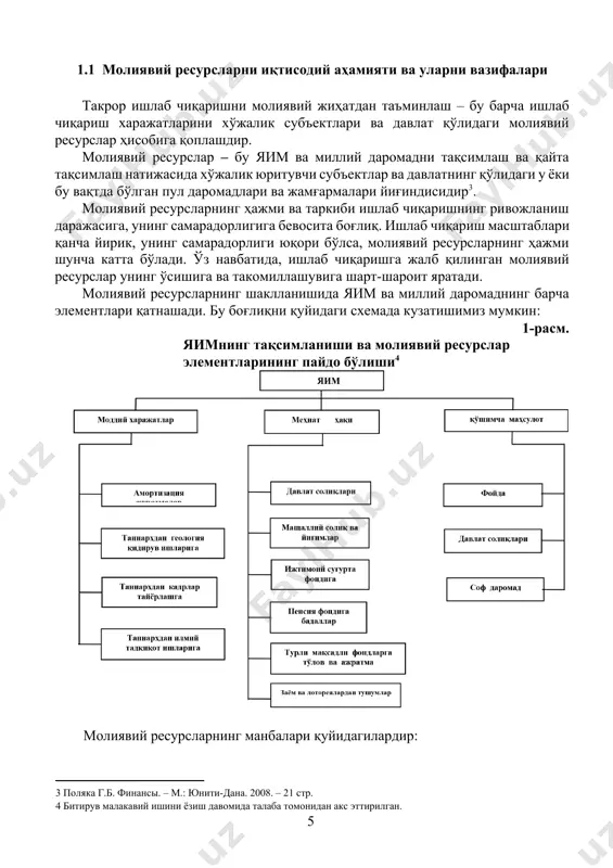 вий ресурсларнинг ҳажми ва таркиби ишлаб чиқаришнинг ривожланиш даражасига, унинг самарадорлигига бевосита боғлиқ. ишлаб чиқариш масштаблари қанча йирик, унинг самарадорлиги юқори бўлса, молиявий ресурсларнинг ҳажми шунча катта бўлади. ўз навбатида, ишлаб чиқаришга жалб қилинган молиявий ресурслар унинг ўсишига ва такомиллашувига шарт-шароит яратади. молиявий ресурсларнинг шаклланишида яим ва миллий даромаднинг барча элементлари қатнашади. бу боғлиқни қуйидаги схемада кузатишимиз мумкин: 1-расм. яимнинг тақсимланиши ва молиявий ресурслар элементларининг пайдо бўлиши[footnoteref:4] [4: битирув малакавий ишини ёзиш давомида талаба томонидан акс эттирилган. ] молиявий ресурсларнинг манбалари қуйидагилардир: 1. миллий даромад. миллий даромаднинг соф даромад қисми молиявий ресурсларнинг асосий манбаси ҳисобланади. 2. ташқи иқтисодий алоқалардан тушумлар. бу манбага айниқса, мустақиллик йилларида алоҳида аҳамият берилмоқда. бозор муносабатларига ўтишнинг 1босқичидаёқ (1992-94 йиллар) ўзбекистон бмт, хвф, жаҳон банки, европа тараққиёт ва тикланиш банки, европа иттифоқи комиссияси каби нуфузли ташкилотларга аъзо бўлиб кирди ва улар билан фаол иқтисодий ҳамкорлик қилмоқда. дастлаб хвфдан 74 млн. ақш доллари, жаҳон банкидан 160 млн. …