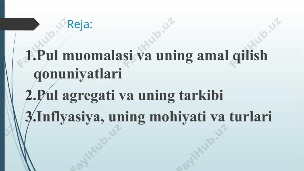 pincha tovarlar qarzga (kreditga) sotiladi va ularning haqi kelishuvga muvofiq keyingi davrlarda to‘lanadi. demak, muomala uchun zarur bo‘lgan pul miqdori kredit miqdoriga muvofiq kamroq bo‘ladi. muomala uchun zarur bo‘lgan pul miqdori formulasi… muomala uchun zarur bo‘lgan pul miqdorini aniqlang masalan sotilgan tovarlar summasi 100 mln. so‘mni, kreditga sotilgan tovarlar – 20 mln. so‘mni, ilgari kreditga sotilib, ayni paytda to‘lash muddati kelgan tovarlar va boshqa to‘lovlar – 40 mln. so‘mni tashkil qilib, pulning aylanish tezligi 6 marta bo‘lsa, u holda muomala uchun zarur bo‘lgan pul miqdori qanchaga teng bo‘ladi? oltin pul muomalasi qonunlari… muomala uchun zarur bo‘lgan oltin pul miqdori tovarlar qiymatining miqdoriga to‘g‘ri mutanosiblikda, oltinning o‘z qiymatiga nisbatan esa teskari mutanosiblikda o‘zgaradi. qog‘oz pul muomalasi qonunlari oltin pul muomalasidan farq qilib, uni quyidagicha ifodalash mumkin: - qog‘oz pul qancha miqdorda chiqarilmasin, unda belgilangan qiymat miqdori muomala uchun zarur bo‘lgan oltin pul miqdorining qiymatiga teng bo‘ladi; - qog‘oz pulning har bir …