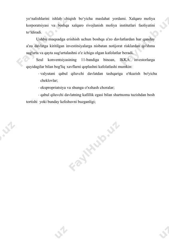 miy tadqiqotlarni moliyalashtirish; · xayriya faoliyatini olib boorish xalqaro valyuta fondi: maqsadi va vazifalari xalqaro valyuta jamg‘armasi 1944 yili qaror qabul kilingan bo’lsa, 1945 yilda esa tashkil topgan bo‘lib, xalqaro valyuta tizimining rivojlanishini hamda 190 ta a'zo mamlakatning iqtisodiy va moliyaviy siyosatini qo‘llab-quvvatlaydi. 1945 yilda tashkil etilgan xvf 190 a'zo davlat tomonidan boshqariladi va u deyarli global hamjamiyat oldida javobgardir. xalqaro valyuta jamg'armasining ofisi vashingtonda, aqshda joylashgan. xalqaro valyuta jamg‘armasining asosiy maqsadi: · xalqaro savdoni kengaytirish va muvozanatlash uchun qulay shart-sharoitlarni ishlab chiqish; · ko'p tomonlama ayirboshlash tizimini yaratish va jahon savdosi bilan bog'liq cheklovlarni bartaraf etish; · xalqaro balanslarining uzunligi va miqdorini qisqartirish. xalqaro valyuta fondi to‘lov balansining joriy yoki potensial qiyinchiliklariga duch kelayotgan a'zo davlatlar xalqaro zaxiralarini tiklashga, milliy valyutalarini barqarorlashtirishga, importning uchun to‘lovlarni davom ettirishga va kuchli iqtisodiy o‘sish uchun sharoitlarni tiklashga kreditlar ajratish bilan asosiy muammolarni bartaraf etadi (mardonova, 2021, bb.184-185) xvfning asosiy funksiyalari: · pul-kredit …
