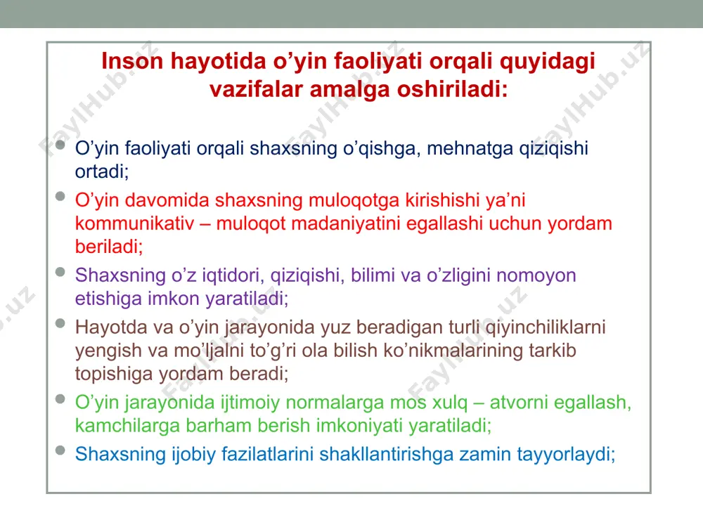 ar bir guruhga 1 tadan rasm tanlash imkoniyati beriladi va tanlagan rasmlari guruhlarga qog’oz variantda beriladi. 2-slaydda bu rasmlarga tegishli so’zlar aralashmasi paydo bo’ladi. guruhlar bu so’zlar aralashmalaridan o’zlariga kerakli so’zlarni berilgan qog’oz variantga va doskaga yozadilar. so’ng tengshirish uchun 3-slaydga, ya’ni to’g’ri javoblar slaydiga o’tiladi. qaysi guruh bu topshiriqni tez va to’g’ri bajarganliklariga qarab, ularga maxsus rag’bat kartochkalar beriladi. adabiyotlar ro‘yxati karimov i.a. yuksak ma’naviyat – yengilmas kuch. – toshkent, “o‘zbekiston”, 2009. – 176 bet. omonov n.t. pedagogik texnologiyalar va pedagogik mahorat. – t.: “iqtisod–moliya”. 2009. – 240 b. avliyokulov x.n, musayeva m .pedagogik texnologiya. darslik –t.: 2012. omonov n.t. pedagogik texnologiyalar va pedagogik mahorat.darslik–t.: 2012 tojiyev m, ziyomuxamedov b uralov m .pedagogik texnologiya va pedagogik maxorat–t.: 2012 omonov a, xo‘jayev n, madiyorov, eshchanov u. pedagogik texnologiya va pedagogik mahorat. o‘quv qo‘llanma. t.: 2009 sayidaxmedov n.s. pedagogik mahorat va pedagogik texnologiya. – t., o‘zmu qoshidagi opi, 2010. ishmuxamedov r., …