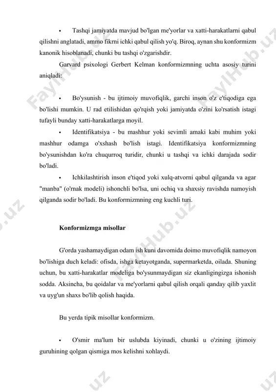 ladi - odam guruhlarning nuqtai nazarini qabul qilganda va ularni shaxsga moslashtirganda. · biror kishi noaniq (ya'ni noaniq) vaziyatga tushib qolganda va ijtimoiy jihatdan o'z xatti-harakatlarini guruh bilan taqqoslaganda (sherif tajribasi). muzafer sherif (1936) qancha odam o'z fikrini guruh fikriga moslashtirish uchun o'zgartirishini bilmoqchi edi. uning tajribasida ishtirokchilar qorong'i xonaga joylashtirildi va 15 fut uzoqlikdagi kichik yorug'lik nuqtasiga qarashni so'radi. keyin ulardan bu nuqta necha fut siljiganini taxmin qilish so'ralgan. ayyorlik shundaki, hech qanday harakat yo'q edi, bularning barchasi avtokinetik effekt deb nomlanuvchi vizual illyuziya tufayli yuzaga kelgan. birinchi kuni guruh a’zolari har xil baho berishdi, to‘rtinchi kuni esa hammaga to‘liq mos tushdi. sherif bu eksperiment konformizm simulyatsiyasi ekanligini aytdi. normativ ijtimoiy ta'sir, kimdir guruhning qolgan qismi tomonidan qabul qilinishi va qadrlanishiga intilganda yuzaga keladi. ijtimoiy ma'qullash va qabul qilish uchun bu ehtiyoj bizning ehtiyojlarimizning bir qismidir. tartibga solish ta'siri uchta komponentdan iborat: · odamlar soni: bu komponent hayratlanarli ta'sirga …
