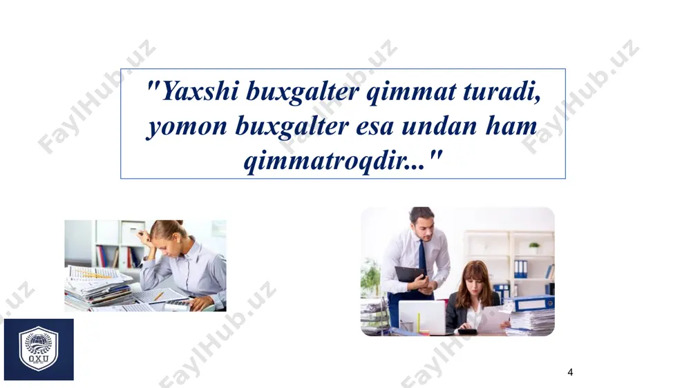 i, qo‘shilgan sarmoya, zaxira sarmoya, sotib olingan o‘z aksiyalari, taqsimlanmagan foyda (qoplanmagan zarar), maqsadli tushumlarva kelgusi xarajatlar va to‘lovlar zaxiralardan iborat. majburiyatlar – ikki qismga bo‘linadi: uzoq muddatli va joriy majburiyatlar: uzoq muddatli kreditorlik qarzlar, mol yetkazib beruvchilar, ish haqi, soliq to‘lovlari va qisqa muddatli qarzlardan tashkil topadi. 20 3. xo‘jalik mablag‘lari va uni tashkil topish manbalari mablag‘lar manbalari (passiv) ustav kapitali qisqa muddatli majburiyatlar kelgusi davr xarjatlari to‘lovlari rezervi rezerv kapitali uzoq muddatli majburiyatlar o‘z mablag‘lari manbalari majburiyatlar qo‘shilgan kapital sotib oligan xususiy aksiyalar taqsimlanmagan foyda maqsadli tushumlar 21 buxgalteriya balansi shakli ko‘rsatkichlar nomi satr kodi hisobot davri boshiga hisobot davri oxiriga 1 2 3 4 aktiv i. uzoq muddatli aktivlar i. dolgosrochnie aktivi asosiy vositalar: boshlang‘ich (qayta tiklash) qiymati (0100, 0300) 010 eskirish summasi (0200) 011 qoldiq (balans) qiymati (satr. 010 — 011) 012 nomoddiy aktivlar: boshlang‘ich qiymati (0400) 020 amortizatsiya summasi (0500) 021 qoldiq (balans) qiymati (satr. …