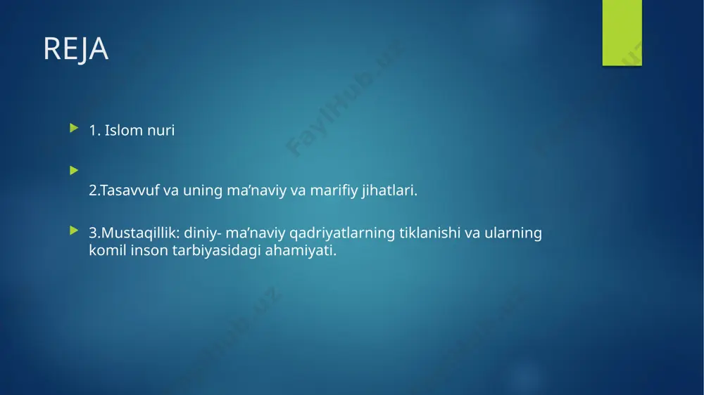 bо‘ldi. shunday qilib, qur’on matnining ham yozuv, ham uslubiy bir xilligi saqlanib qoldi. hazrati usmon qо‘lida qolgan qur’oni karimning nushasi hozirda о‘zbekiston musulmonlar idorasi qoshidagi kutubxonada saqlab kelinmoqda. qur’oni karimning bunday noyob nushasi yurtimizda bо‘lishi allohning bizning yurtimizga bо‘lgan inoyati deb bilmoq lozim. qur’oni karim 114 sura va 6666 oyatdan iborat. mustaqillik sharofati bilan dinga berilgan erkinlik tufayli turli marosimlarimiz qur’oni karim tilovatlari bilan boshlanmoqda. bu о‘tmishda bir orzu edi, xolos. ilohiyotda islom dini uch elementdan – iymon, islom, ehsondan iborat deb etirof etilgan. iymon talablari 7 ta aqidani – allohga, farishtalarga, muqaddas kitoblarga, payg‘ambarlarga, oxirat kuniga, taqdirning ilohiyligiga va о‘lgandan keyin tirilishga ishonish talablarini о‘z ichiga oladi. islom talablariga, ya’ni din asoslari – arkon ad-din deb nom olgan 5 ta amaliy marosimchilik talablari kiradi. bular – kalima keltirish, namoz о‘qish, rо‘za tutish, zakot berish va imkoniyati topilsa haj qilish talablari. ehson aqidalarga sidqidildan ishonish va marosimlarni ado etishdir. islomning …
