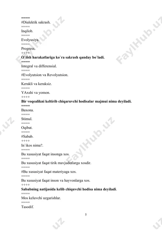 k palatasi tomonidan 2015-yil 6-martdada qabul qilingan ++++ “korrupsiya” so’zi qanday ma’noni anglatadi? ==== #lotincha so’zdan olingan bo’lib, aynish, poraga sotilish ma’nosini anglatadi ==== inglizcha so’zdan olingan bo’lib, jinoyat, firibgarlik ma’nosini anglatadi ==== arabcha so’zdan olingan bo’lib, aynish, zanglash ma’nosini anglatadi ==== fransuzcha so’zdan olingan bo’lib, buzish ma’nosini anglatadi ++++ korrupsiya nima? ==== #korrupsiya – davlat organlari xodimlari moddiy yoki mulkiy yo‘sinda, g‘ayriqonuniy shaxsiy naf ko‘rish maqsadida, o‘z xizmat mavqeidan foydalanishida ifodalanadigan ijtimoiy hodisadir​. ==== korrupsiya – jinsi, irqi, millati, tili, dini, ijtimoiy kelib chiqishi, e’tiqodi, shaxsiy yoki ijtimoiy mavqeyidan qat’i nazar, fuqarolarning huquqlarini bevosita yoki bilvosita buzish yoki cheklash ==== korrupsiya – o'zganing mol-mulkini yashirin ravishda talon-toroj qilish ==== korrupsiya – aldash yoki ishonchni suiiste’mol qilish yo‘li bilan o‘zganing mulkini yoki o‘zganing mulkiga bo‘lgan huquqni qo‘lga kiritish ++++ korrupsiyaning eng keng tarqalgan turlari qaysi javobda berilgan? ==== tovlamachilik, genotsid, poraxo’rlik ==== #poraxo’rlik, firibgarlik, tovlamachilik ==== tuhmat, agressiya, firibgarlik ==== …