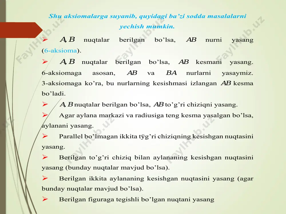 ib olinadi. natijada asosi y ya’ni yasalishi lozim bo ’lgan figura bilan hamjihatlikda bo’lgan bir qancha yordamchi figuralar hosil bo ’ladi. yordamchi figuralarda masala shartida berilganlar bilan bir qatorda, izlangan ya ’ni yasalishi lozim bo’lgan asosiy figuraning nuqtalari ham joy lashadi. shu tariqa berilganlar va izlanganlar orasidagi bog ’lanishlarni o’rnatish natijasida asosiy figurani yasash imkoniyatlari axtariladi va aniqlanadi. yasash mumkin bo ’lgan yordamchi figura orqali izlangan figurani yasashga o ’tiladi. yasash bosqichi: analiz bosqichida aniqlanganlarni amaliy jihatdan bajarilishini nazarda tutadi. bunda yasalishi mumkin bo ’lgan yordamchi figuralar yasash vositalari yordamida yasaladi va ular orqali yasalishi lozim bo ’lgan asosiy figuraning nuqtalari va elementlari yasab olinadi. isbot bosqichi: masala yechimining sinash bosqichi bo ’lib tahlil bosqichida taxminan chizib olingan asosiy figura bilan yasash bosqichida yasalgan figuraning masala shartlariga javob berishi isbotlanadi. tekshirish bosqichi: masala yechishning ya kunlash bosqichi hisoblanib, unda masala shartida belgilanganlar ga asosan figura yasash mumkinmi ? agar mumkin …