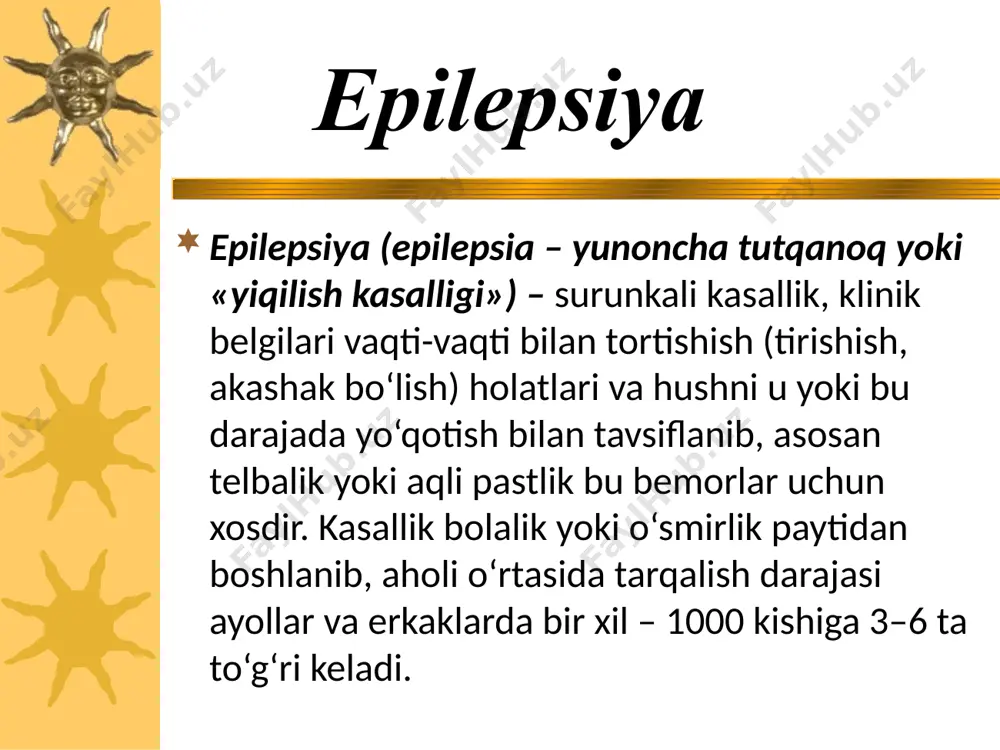 qisqa vaqt ichida bo’ladi. aura majburiy emas, lekin 60-70% holatda kuzatiladi auraniug hamma aniq ko'rinishlarini ko'rsatib o’tish imkoni yo'q. ba’zi kasallar qorinda paydo bo'lgan kuchlanish, boshqalari hech qachon his qilmagan huzur - halovat. aura murakkab ko'z, eshitish va boshqa gallyutsianator kechinmalar, gavdaning tuzilishidagi asabiylashish sezadi. aura sifatida murakkab ruhiy zo'riqish holatida, ya’ni avvaldan ko'ringandan hayajonlanish yoki “hech qachon ko'rinmaganning takrorlanishidan tashvishlanib takrorlanish mumkin. tonik faza auradan keyin tutqanoqning tonik fazasi keladi. u to'liq hushidan ketish, boshlang’ich qichqiriq, ya’ni tutqanoq tutishdan oldin havo nafas yo’lini qisqartiradi. kasal odatda, oldingi tomonga yiqiladi ko’pincha jarohatlanadi, biron a’zosi sinadi yoki chiqadi. bosh orqaga qayriladi , ko’z katta ochilgan, nazari harakatsiz. gavdasi kuchlanishli, qo’l banmoqlari mushti tugilgan bo'ladi. dastlabki oqarish sianoz bilan almashadi. tonik faza 10-30 sekund davom etganidan keyin 1-2 minut klonik faza keladi. u gavda qismi va a’zolari-ning ketma-ket bukilib yoki yozilib turishi, nafas yo’lida xirillash va boshqa ko’rinishlarda bo'ladi. klonik faza klonik …