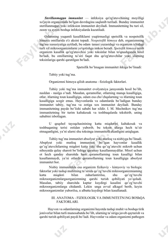 rttiriladi. immunitetning bu turi organizmga kuchsizlantirilgan yoki turli usulda o'ldirilgan bakteriya, ularning zaharlari, viruslar yuborilgandan so'ng hosilbo'ladi. masalan, ko'kyo’tal, bo'g'ma, chechak kasalliklariga qarshi immunitet shular jumlasidan. bunda organizmda faol qayta qurilish yuzaga keladi, ya'ni qo'zg'atuvchi va toksinlarga o'ldiruvchi ta'sir ko'rsatuvchi modda (antitelo) hosil bo'ladi. shuningdek, hujayra xossasining o'zgarishi mikroorganizmlar va ular ishlab chiqaradigan moddalarga ta'sir ko'rsatadi. sun'iy faol immunitet sekin-asta, 3-4 hafta ichida hosil bo'ladi va 3 oydan 1 yilgacha saqlanadi. sun'iy passiv immunitet organizmga tayyor antitelo yuborish natijasida yuzaga keladi. immunitetning bu turi organizmga antitelo, zardob va immunoglobulin yuborilgan zahoti hosil bo'ladi va faqat 15-20 kungacha saqlanadi, so'ngra antitelolar parchalanib, organizmdan chiqib ketadi. mahalliy immunitet tushunchasini fanga a .m . b e z r e dko kiritgan. u organizm to'qimalari va alohida hujayralar ma'lum moyillika ega, deb hisoblaydi. ularni emlash infeksiya qo'zg'atuvchilarning kirishiga to'siq hosil qiladi. hozirgi vaqtda umumiy va mahalliy immunitetning birligi isbotlangan. lekin alohida to'qima va a'zolarning …