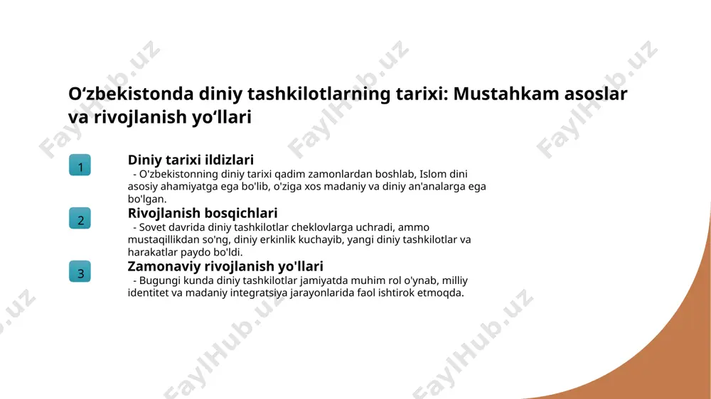 ko‘rsatadi. axloqiy qadriyatlar diniy tashkilotlar insonlarning axloqiy qadriyatlarini shakllantiradi, adolat, mehr-muhabbat va ahloqiy odob-axloqni rivojlantirishda muhim rol o‘ynaydi. zamonaviy diniy muhit va ularning ijtimoiy muammolarga ta’siri zamonaviy diniy muhit ijtimoiy muammolarga ta’sir integratsiya va muvofiqlik bugungi kunda diniy tashkilotlar jamiyatda yangi uslublar, texnologiyalar va madaniy oqimlar bilan moslashib, diniy amallarni kengaytiradi va yoshlar bilan muloqotni rivojlantiradi. diniy tashkilotlar ekstremizm, diniy radikallashuv va ijtimoiy ajralishni kamaytirishda muhim rol o'ynaydi, muammo yechimlarida muvofiqlashtiruvchi tarzda faol ishtirok etadi. zamonaviy diniy muhitda tashkilotlar milliy madaniyat va diniy bag'rikenglikni mustahkamlashga intiladi, ularning faoliyati madaniyatlararo muvofiqlik va tinchlikni ta'minlaydi. diniy tashkilotlarning madaniy integratsiya va milliy identiteta ta’siri 1 madaniy integratsiya jarayoni diniy tashkilotlar madaniy integratsiya orqali milliy madaniyatga moslashadi, yangi avlodga diniy va milliy qadriyatlarni etkazishda muhim rol o'ynaydi. 2 milliy identiteta mustahkamligi diniy tashkilotlar milliy identiteta shakllanishida muhim bo'lib, ular orqali o'zlik, urf-odatlar va diniy an'analar avloddan-avlodga o'tkaziladi. 3 madaniyat va diniy qadriyatlar diniy va …