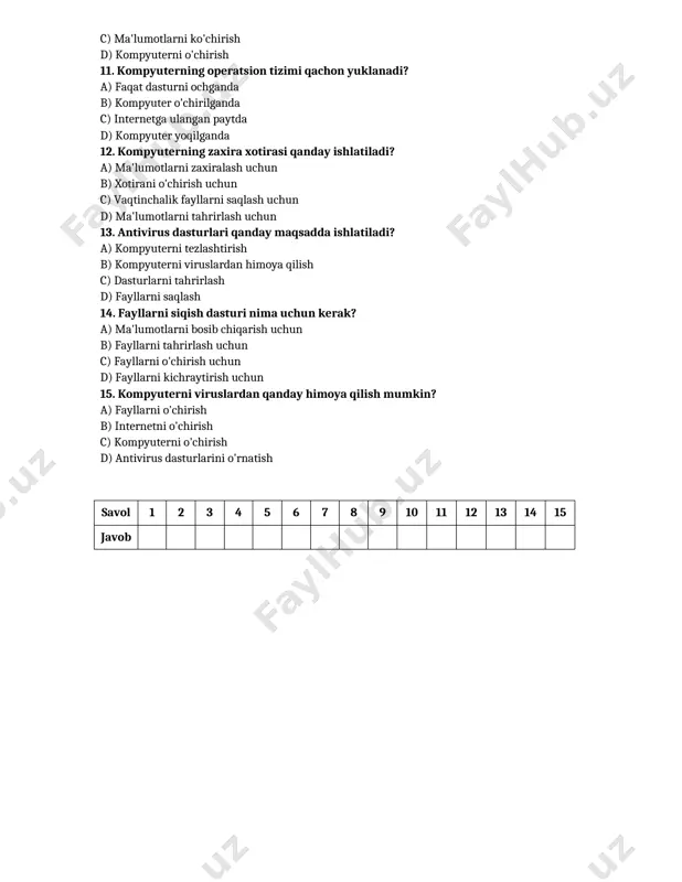 jlarini o‘rganish c) internetdan foydalanish qoidalarini tushuntirish d) ma'lumotlarni zaxira qilish 7. taqdimot uchun auditoriya qanday belgilanishi kerak? a) auditoriyaning yoshi va tajribasi b) auditoriyaning texnik bilimlari c) auditoriyaning qiziqishlari d) yuqoridagi barcha javoblar to'g'ri 8. taqdimot auditoriyasi uchun qanday parametrlar muhim hisoblanadi? a) taqdimotning dizayni b) maqsad va mavzu c) auditoriyaning xohishlari va kutishlari d) ma'lumotni chop etish usullari 9. auditoriyani o‘rganish nima uchun muhim? a) taqdimotning texnik qismini tayyorlash uchun b) taqdimotda texnik usullarni qo‘llash uchun c) auditoriyaga yoqadigan taqdimot yaratish uchun d) ma'lumotni saqlash uchun 10. taqdimotda auditoriya uchun eng muhim jihat qaysi? a) taqdimotning rangi b) auditoriyaning bilimi va ehtiyojlari c) taqdimotda foydalangan uskunalar d) dizayndagi animatsiyalar 11. spam nima? a) foydali elektron xabar b) internet orqali tarqatiladigan zararli dastur c) foydalanuvchiga keraksiz reklama yoki elektron pochta d) faqat xavfsiz xabarlar 12. spamdan qanday saqlanish mumkin? a) elektron pochta manzilingizni oshkor qilmaslik orqali b) spamni e'tiborsiz …