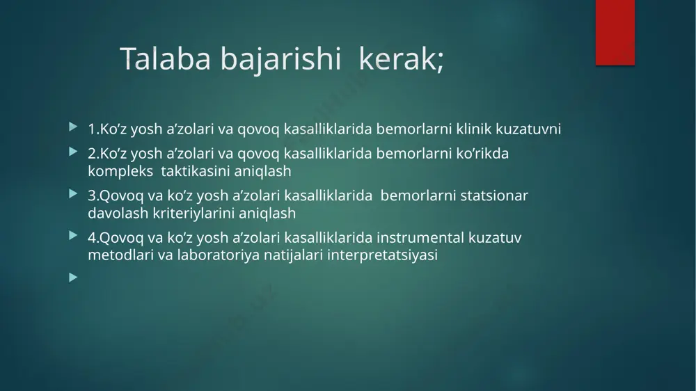 oqlar rivojlanish anomaliyalari qovoqlar bitishishi – ankyloblepharon ko’z tirqishi qisqarishi – blepharophimosis qovoq qirrasi dеfеkti – coloboma ko’z ichki burchagidagi tеri vеrtikal burmasi – epicantus yuqori qovoq atrofik tеri burmasi osilib turishi – blepharochalasis kipriklarni bir nеcha qatorda o’sishi – districhiasis ankyloblepharon blepharophimosis coloboma qarilik ptozi opеratsiyadan oldin opеratsiyadan kеyin nazorat uchun savollar image6.jpeg image7.jpg image8.png image9.png image10.png image11.png image12.png image13.jpg image14.png image15.png image16.png image17.png image18.jpg image19.png image20.png image21.png image22.png image23.png image24.png image25.png image26.png image27.emf image2.png image3.png image4.png image5.png 1. qovoqlar, tuzilishi, qon bilan ta’minlanishi, innervasiyasi, vazifalari 2. ko’z yosh a’zolari, qon bilan ta’minlanishi, innervasiyasi, tekshirish usullari 3. qovoq nerv-mushak apparatining kasalliklari, klinikasi, diagnostika, davolash va asoratlari. 4. qovoq qirrasi kasalliklari, tasnifi, klinikasi, diagnostikasi, davolash va asoratlari. 5. qovokda yallig’lanish bilan kechadigan kasalliklarni davolash prinsip lari. 6. qovoqni tashqariga burilishi kasalligining sabablari va turlari 7. o’tkir dakrioadenitning klinikasi va davolash. 8. o’tkir dakriosistit, uning klinikasi va davolash usullari. 9. qovoqning …