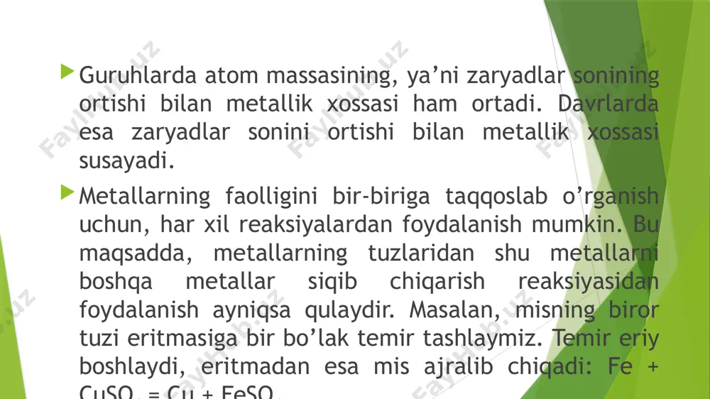. eng faol metallar odatdagi sharoitda suvdan vodorodni siqib chiqaradi va ishqor hosil qiladi: 2na + 2h2o = 2naoh + h2↑ ca + 2h2o = ca(oh)2 + h2↑ faolligi kamroq bo’lgan metallar o’ta qizigan bug’ holida suvdan vodorodni siqib chiqaradi va oksidlar hosil qiladi: 3fe + 4h2o = fe3o4 + 4h2↑ suyultirilgan va kislorodsiz kislotalar bilan reaksiyaga kirishib, ulardan vodorodni siqib chiqaradi: zn + 2hci = znci2 + h2↑ kuchlanishlar qatorida vodoroddan keyin turgan metallar uni suvdan va kislotalardan siqib chiqara olmaydi, balki kislotalar bilan vodorodni siqib chiqarmay turib, oksidlanish-qaytarilish reaksiyalari kirishadi: cu + 2h2so4 = cuso4 + so2 + 2h2o barcha hollarda reaksiyaga kirishuvchi metallar oksidlanadi. metallarning oksidlanishi metallar metalmaslar bilan bevosita o’zaro ta’sir ettirilganda ham kuzatiladi: 2na+s=na2s 2fe + 3c12 = 2fecl3 metallarning ko’pchiligi kislorod bilan reaksiyaga kirishib, har xil tarkibli oksidlar hosil qiladi, ya’ni e2o, eo, e2o2 image1.png image2.jpg image3.jpg /docprops/thumbnail.jpeg